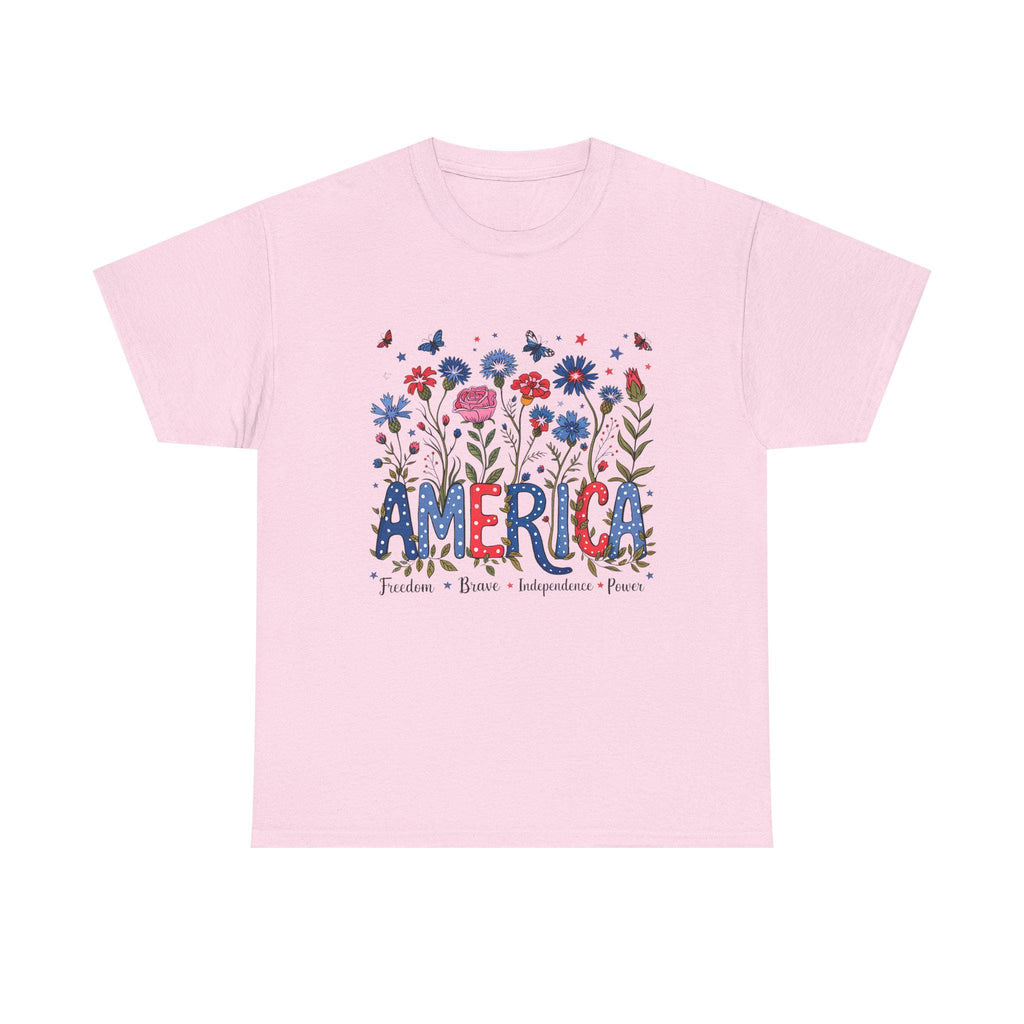 America floral patriotic T-Shirt | red blue flowers, freedom independence