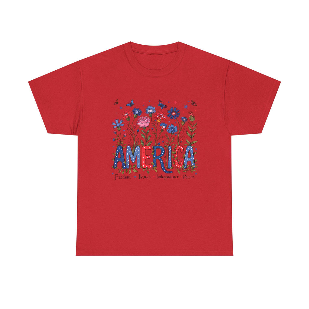 America floral patriotic T-Shirt | red blue flowers, freedom independence