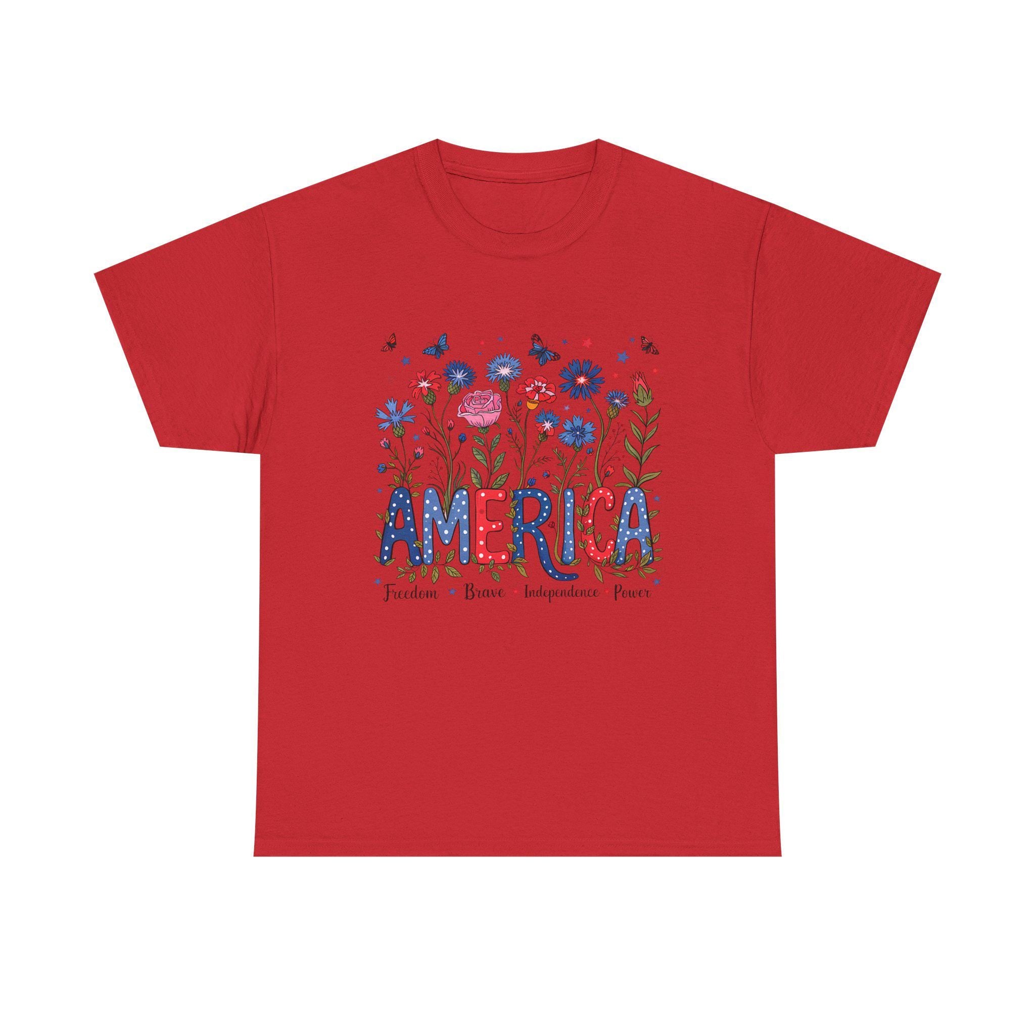 America floral patriotic T-Shirt | red blue flowers, freedom independence