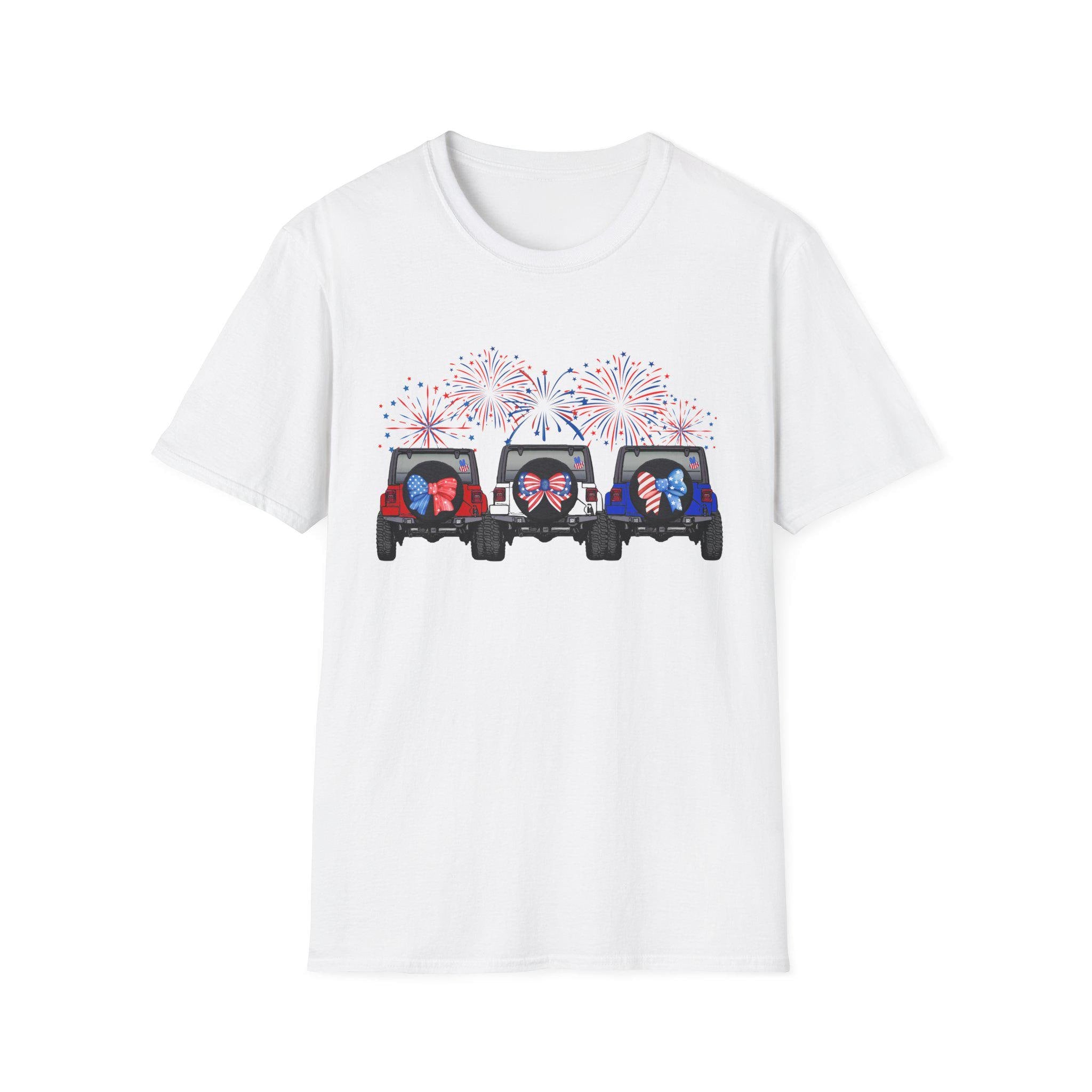 Three Jeeps with Fireworks T-Shirt | Patriotic 4th of July Graphic