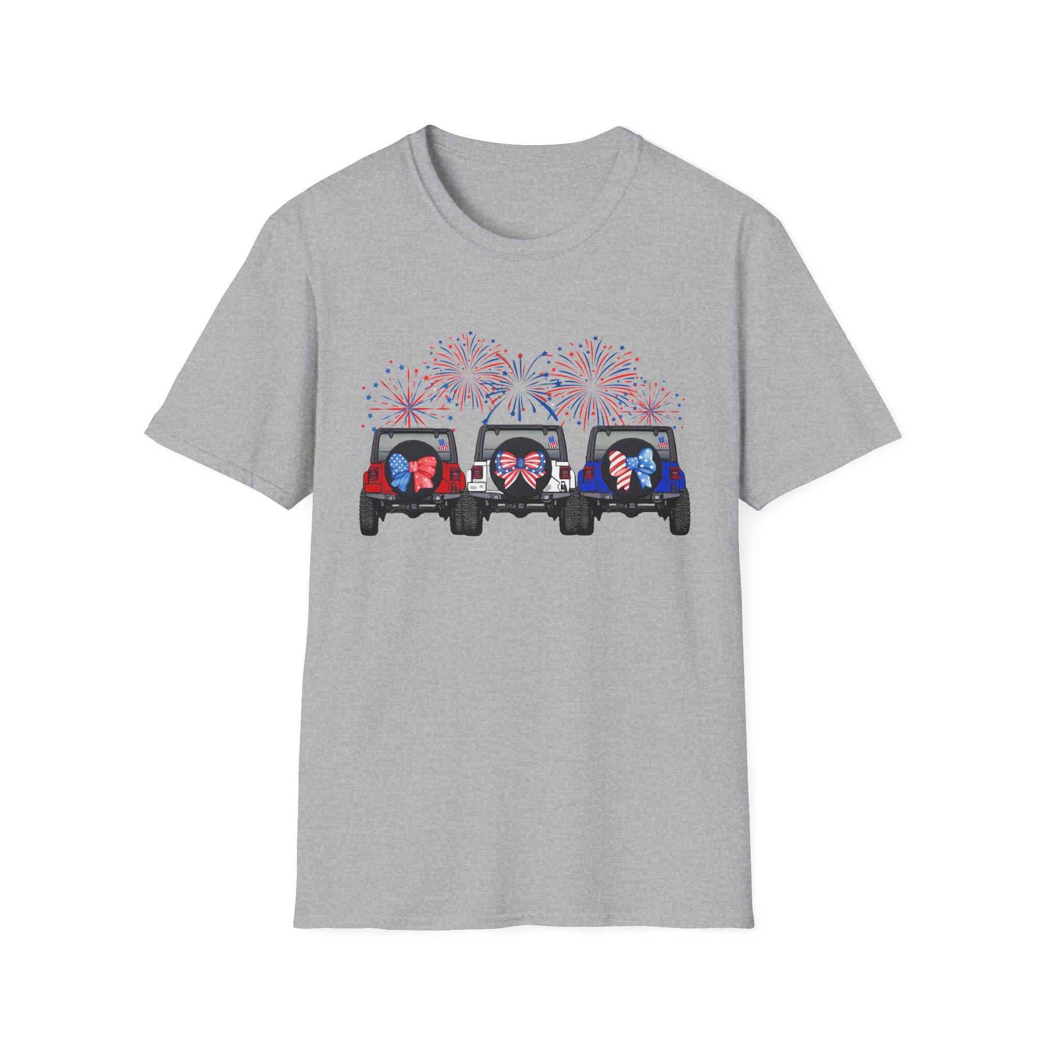 Three Jeeps with Fireworks T-Shirt | Patriotic 4th of July Graphic