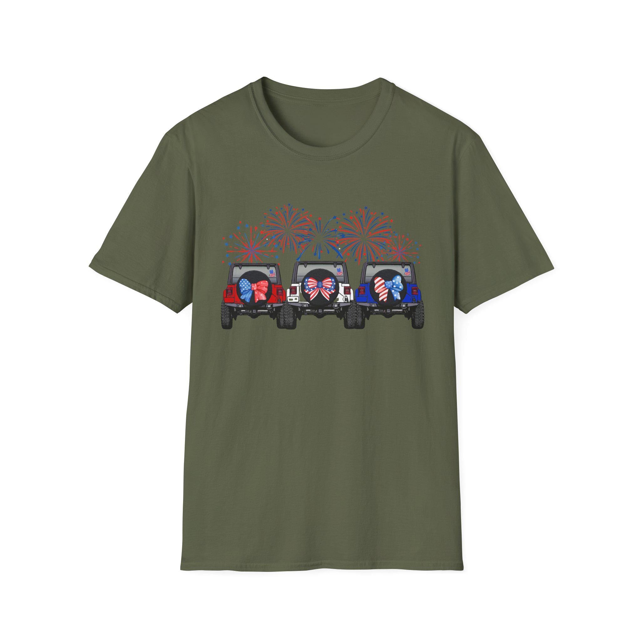 Three Jeeps with Fireworks T-Shirt | Patriotic 4th of July Graphic