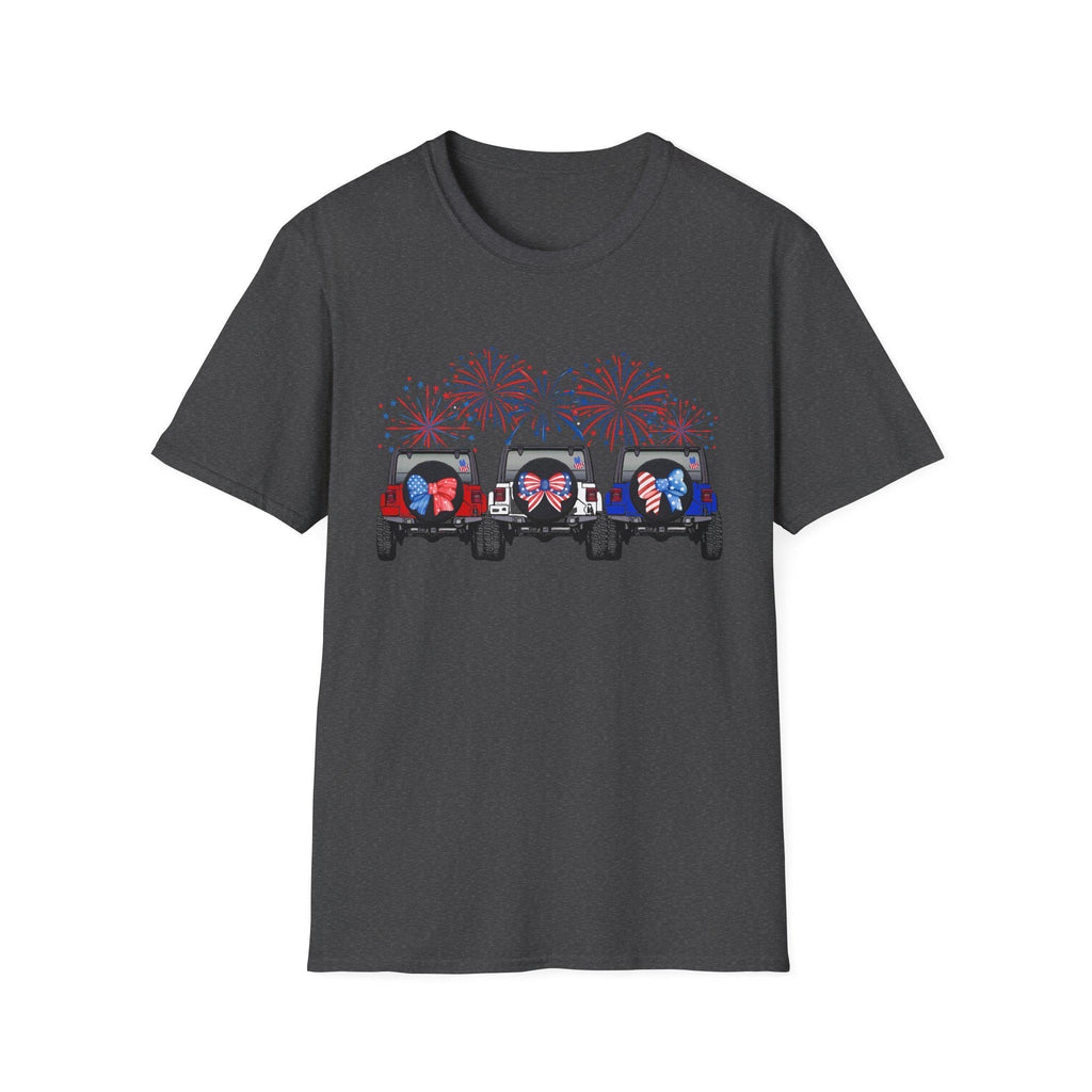 Three Jeeps with Fireworks T-Shirt | Patriotic 4th of July Graphic