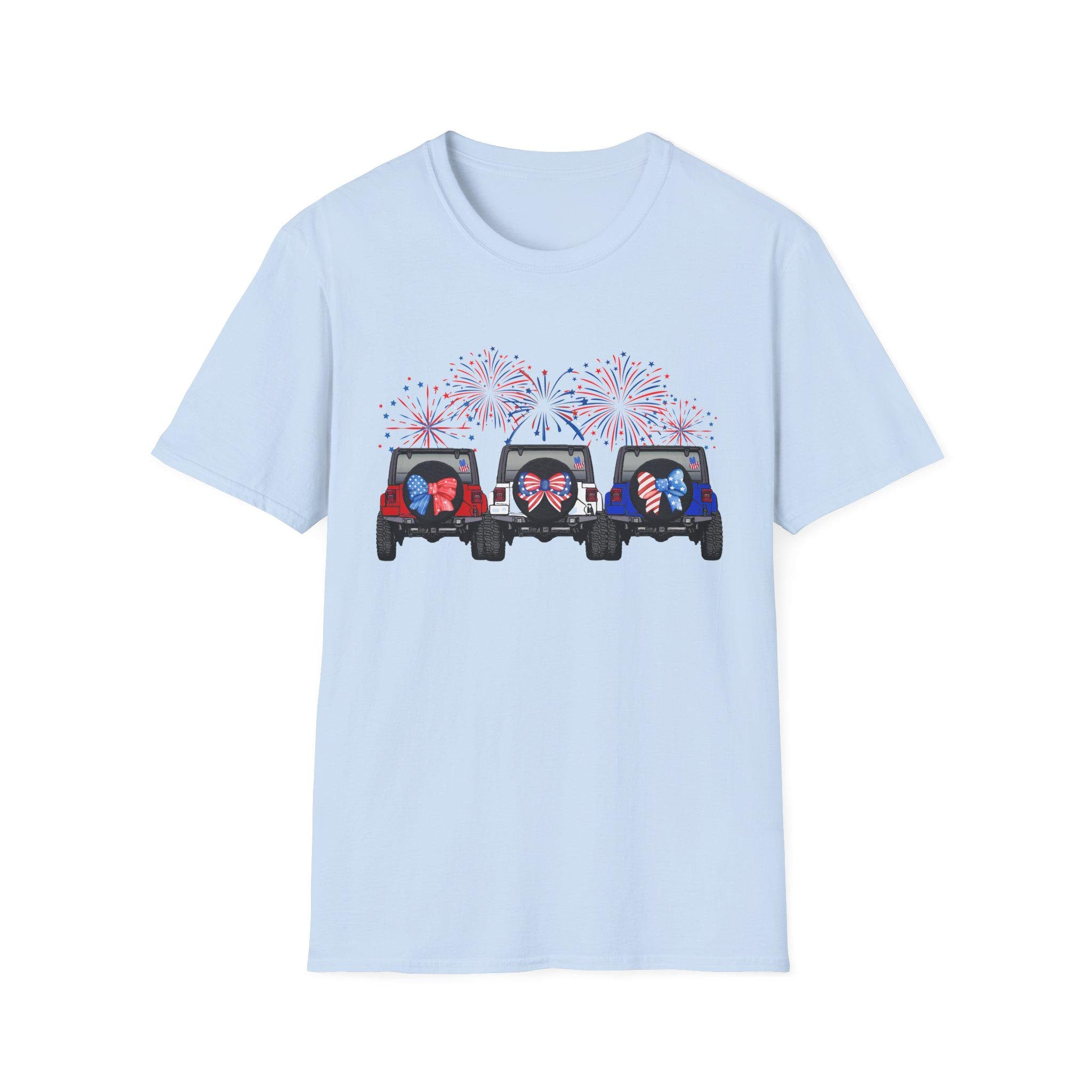 Three Jeeps with Fireworks T-Shirt | Patriotic 4th of July Graphic