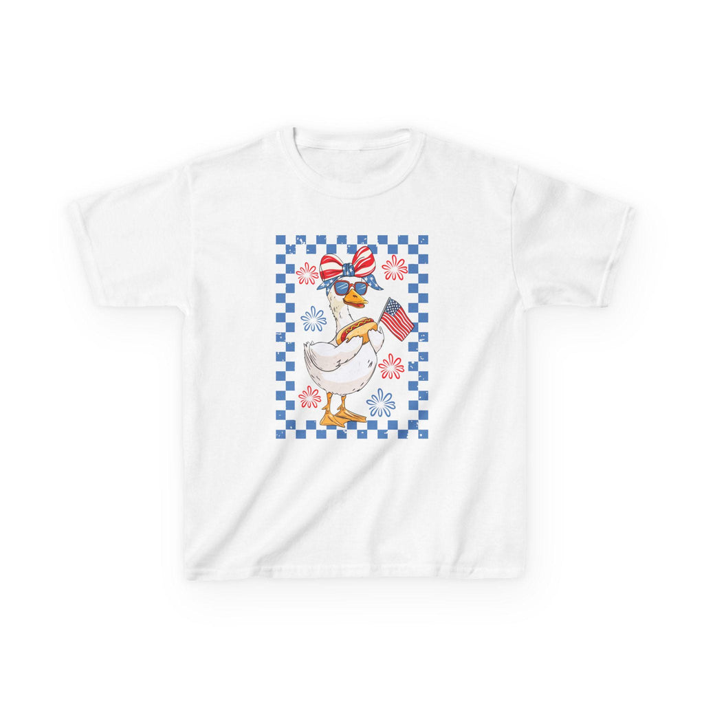Patriotic Duck Kids Tee | American Flag Bandana, Checkered Quilt Border