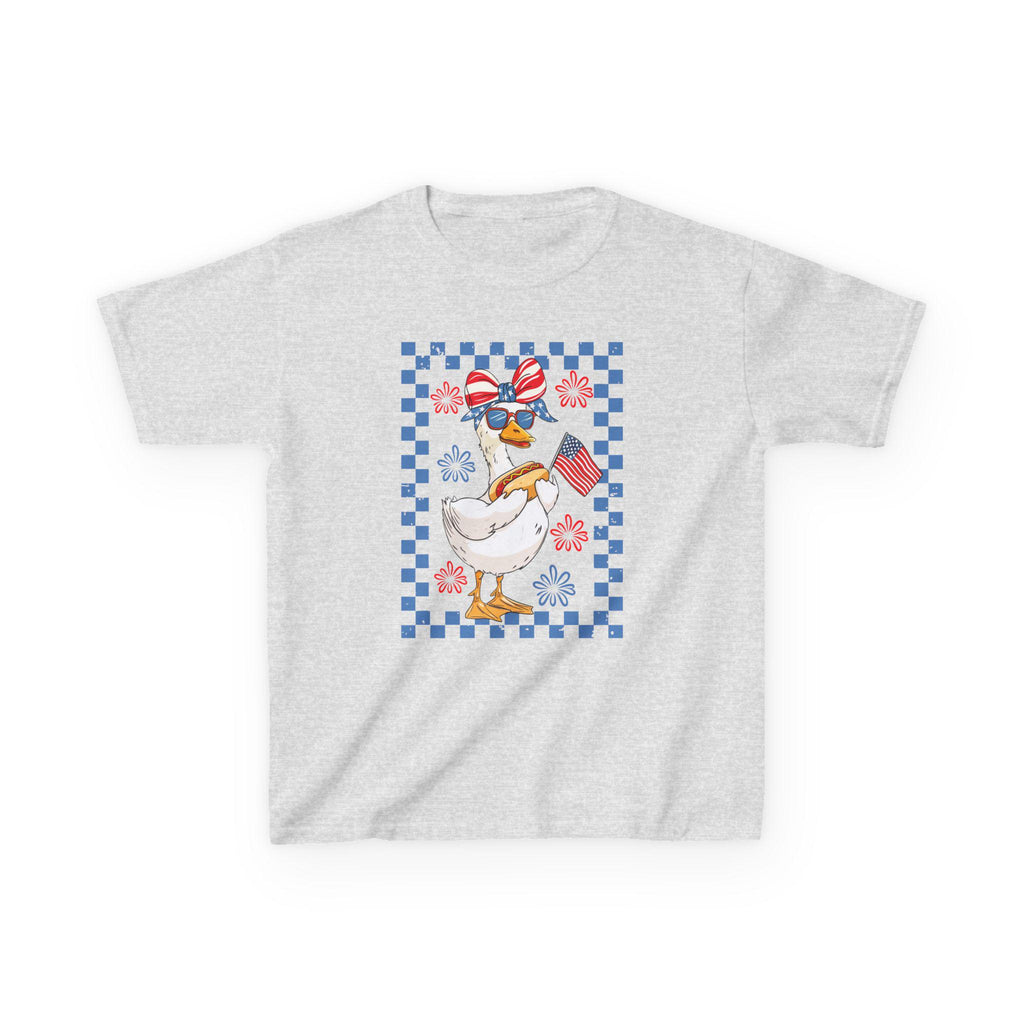 Patriotic Duck Kids Tee | American Flag Bandana, Checkered Quilt Border
