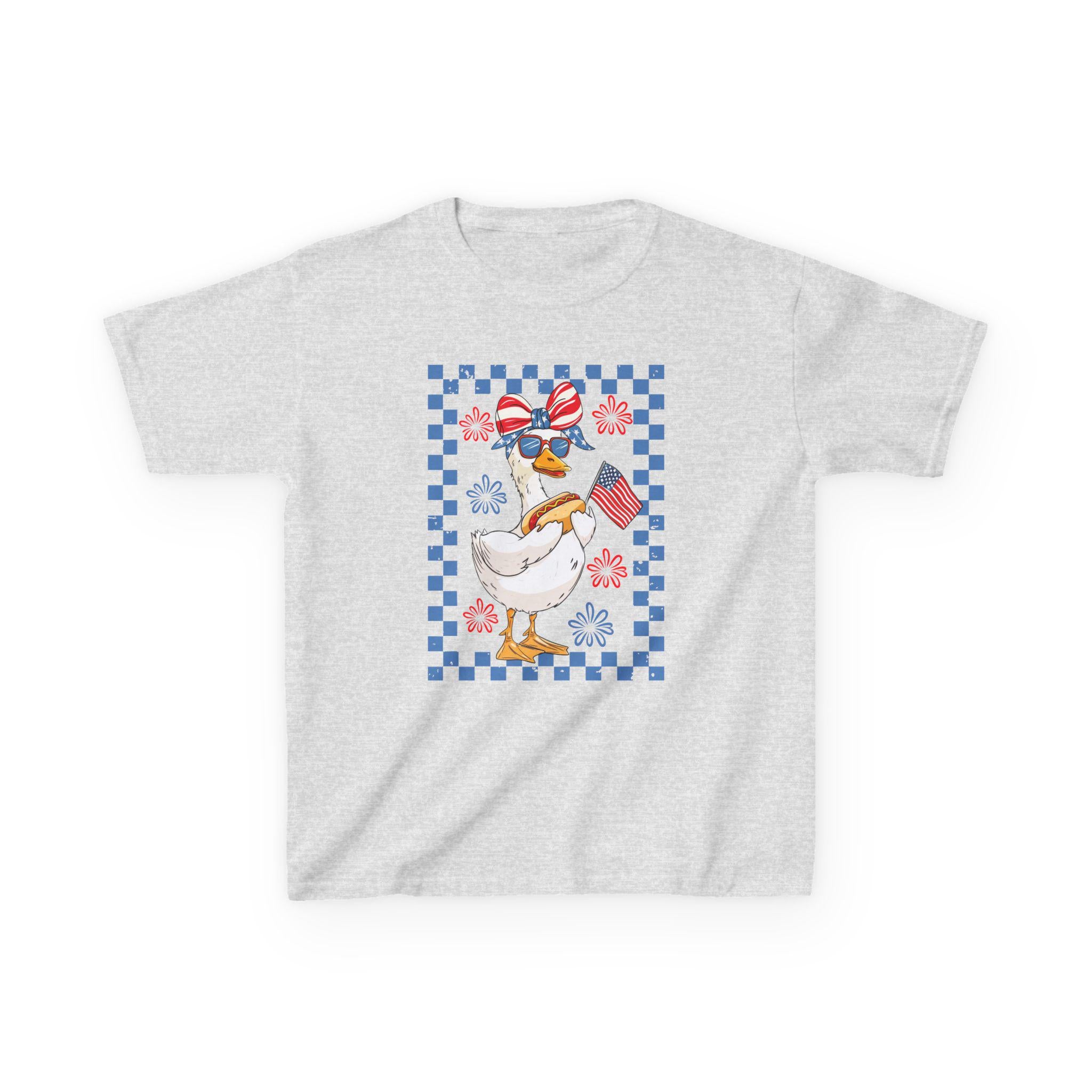 Patriotic Duck Kids Tee | American Flag Bandana, Checkered Quilt Border
