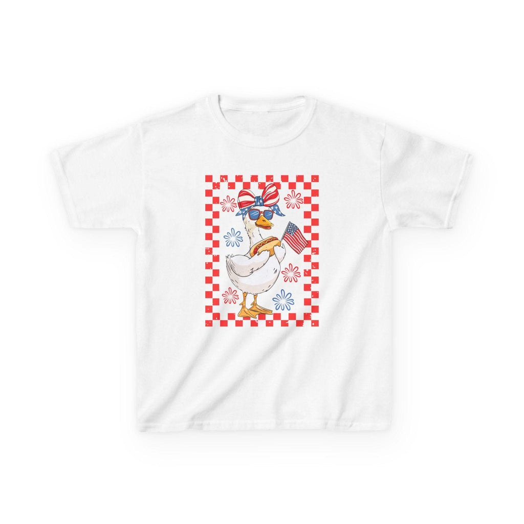 Patriotic Duck Holding Flag Kids Tee | Red Checkered Border, Sunglasses
