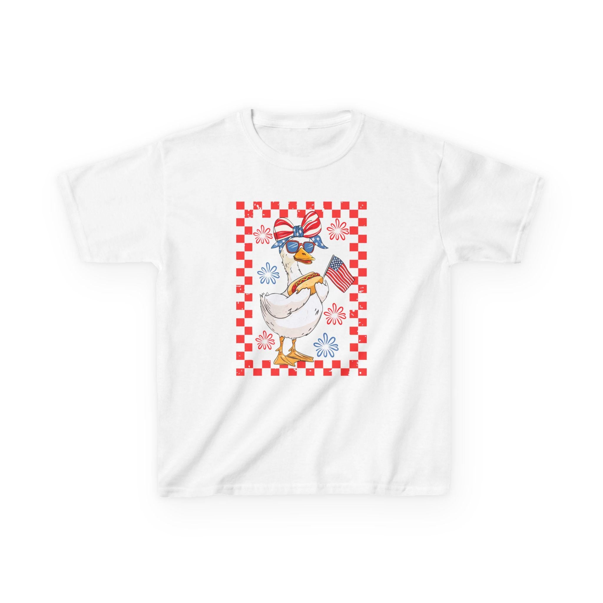 Patriotic Duck Holding Flag Kids Tee | Red Checkered Border, Sunglasses
