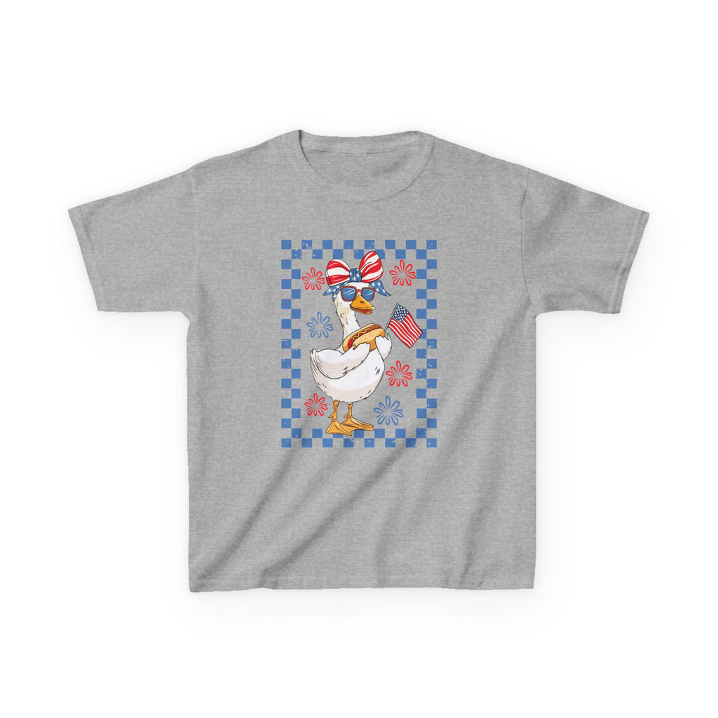 Patriotic Duck Kids Tee | American Flag Bandana, Checkered Quilt Border