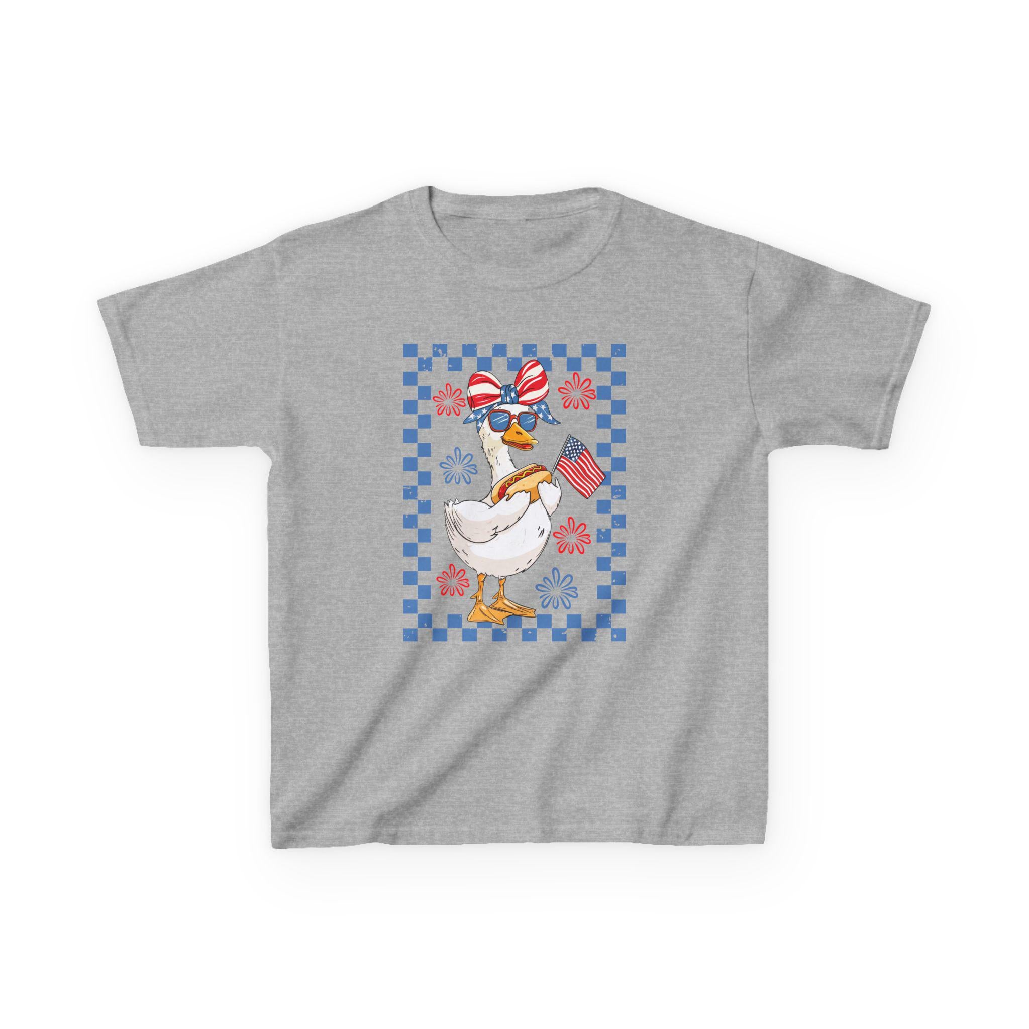 Patriotic Duck Kids Tee | American Flag Bandana, Checkered Quilt Border