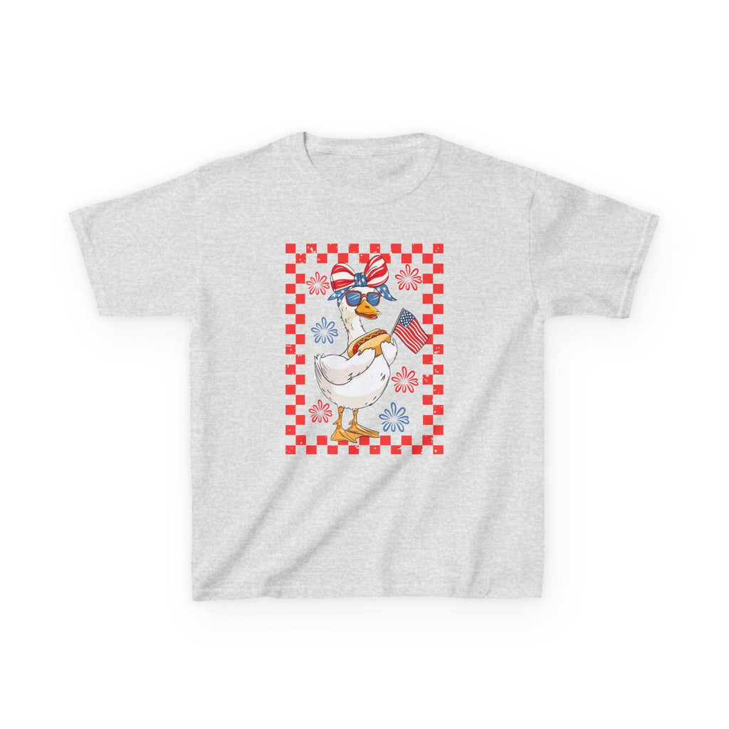 Patriotic Duck Holding Flag Kids Tee | Red Checkered Border, Sunglasses