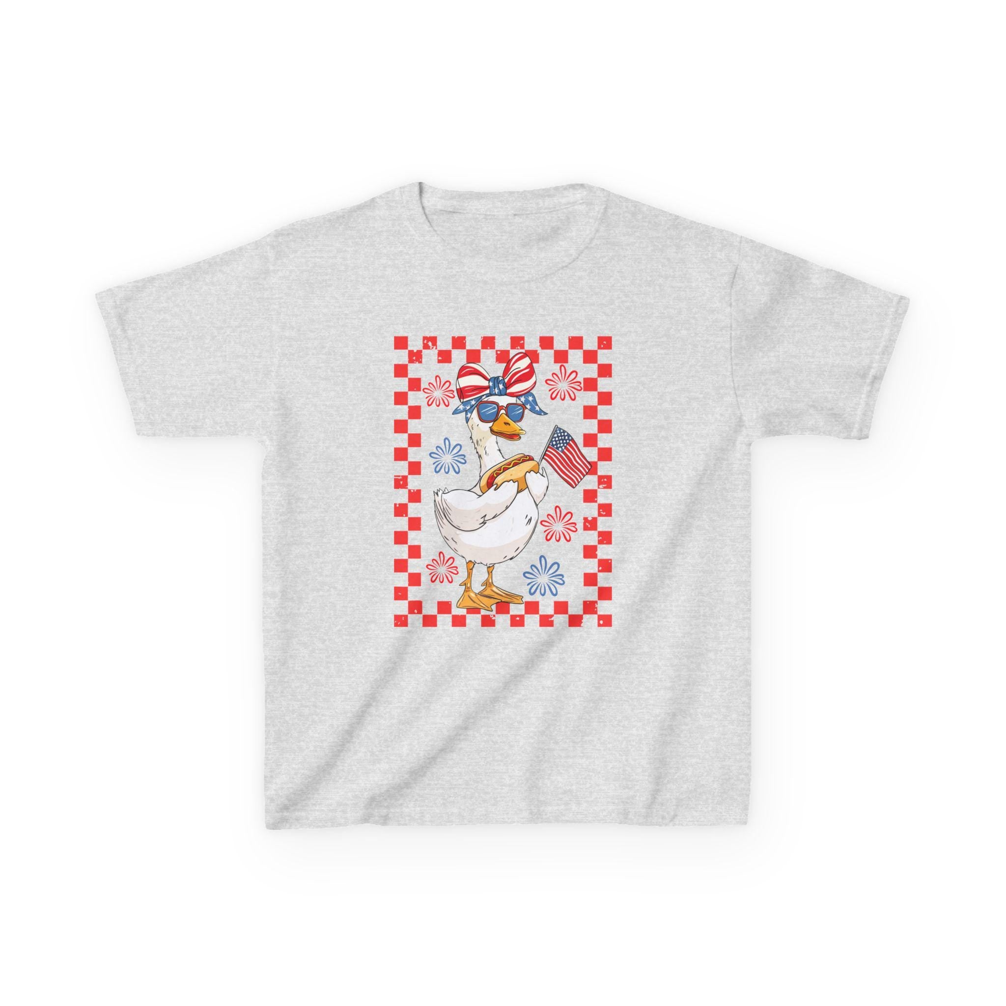 Patriotic Duck Holding Flag Kids Tee | Red Checkered Border, Sunglasses