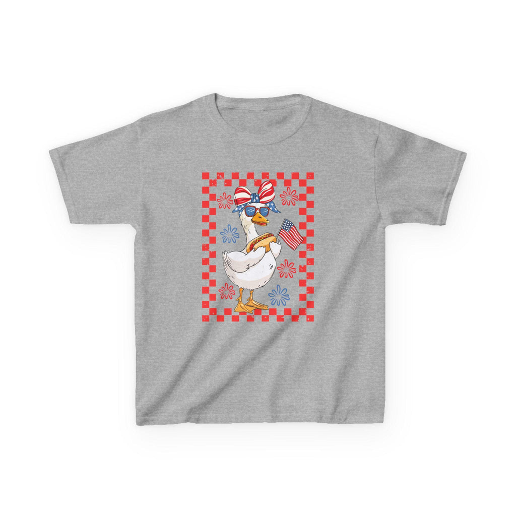 Patriotic Duck Holding Flag Kids Tee | Red Checkered Border, Sunglasses