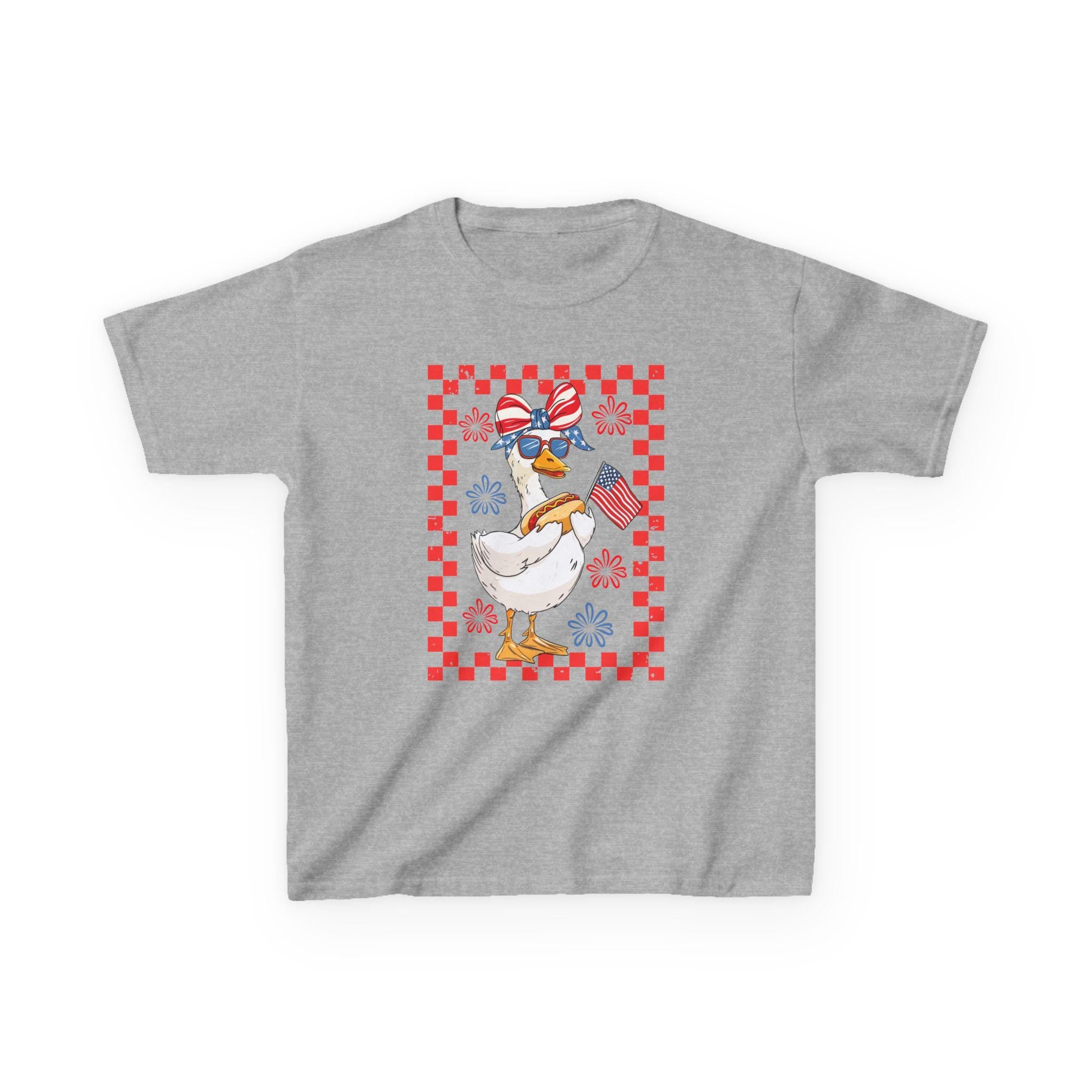 Patriotic Duck Holding Flag Kids Tee | Red Checkered Border, Sunglasses