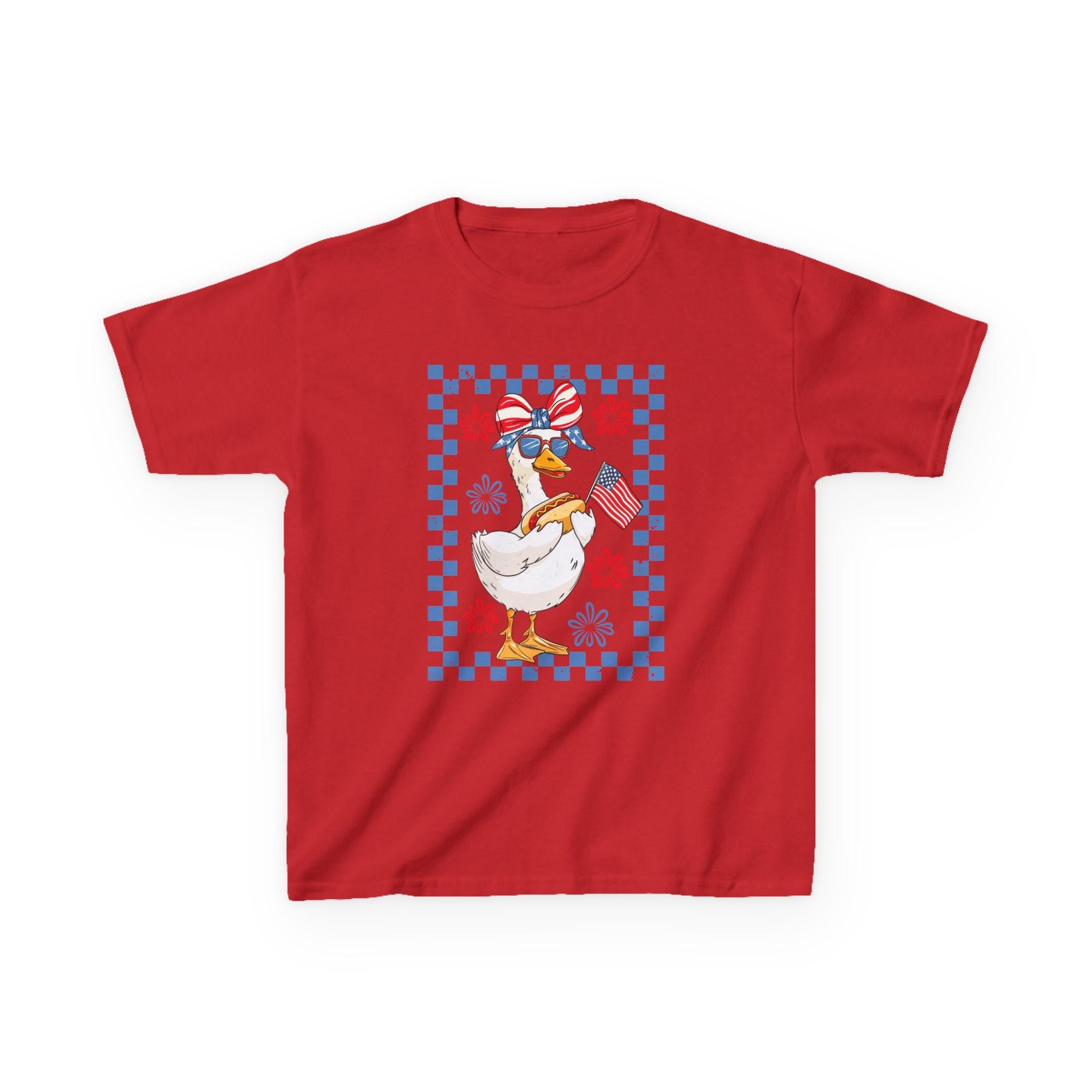 Patriotic Duck Kids Tee | American Flag Bandana, Checkered Quilt Border