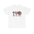 Faith Love Freedom T-Shirt | Patriotic Cross Heart Sunflower, American Flag Design