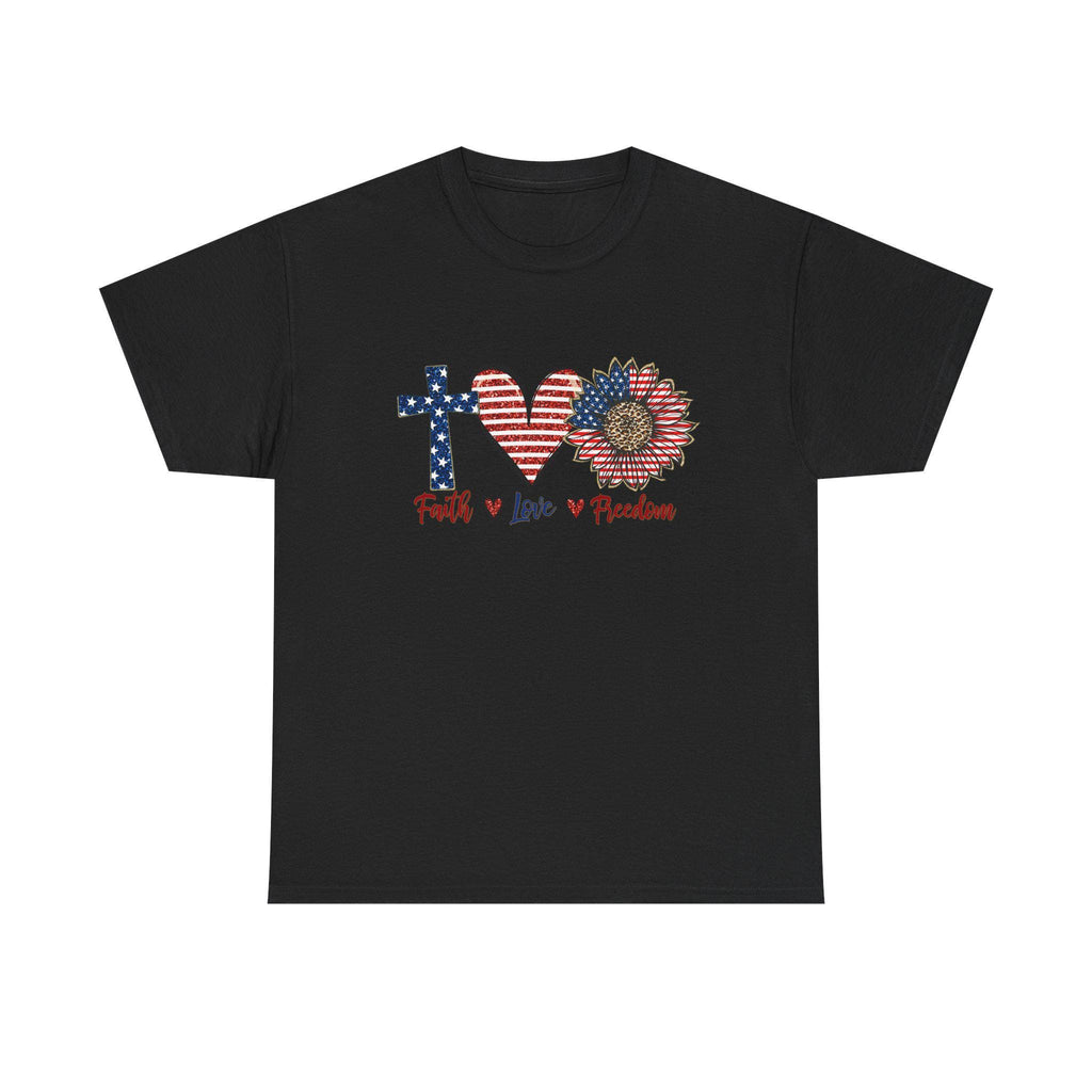 Faith Love Freedom T-Shirt | Patriotic Cross Heart Sunflower, American Flag Design
