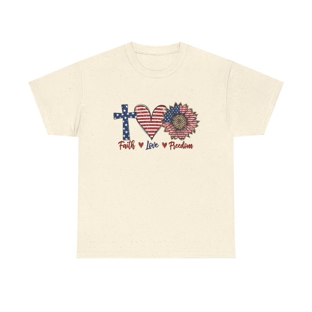 Faith Love Freedom T-Shirt | Patriotic Cross Heart Sunflower, American Flag Design