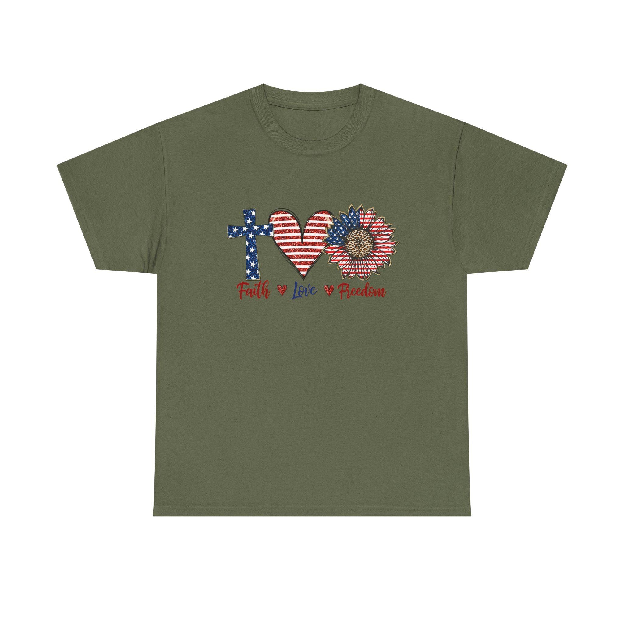 Faith Love Freedom T-Shirt | Patriotic Cross Heart Sunflower, American Flag Design