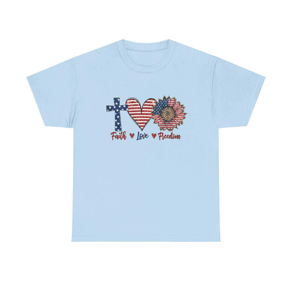 Faith Love Freedom T-Shirt | Patriotic Cross Heart Sunflower, American Flag Design