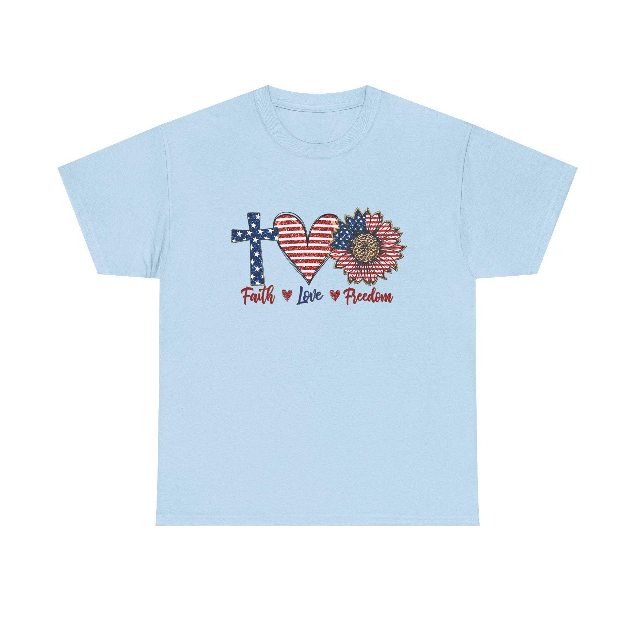 Faith Love Freedom T-Shirt | Patriotic Cross Heart Sunflower, American Flag Design