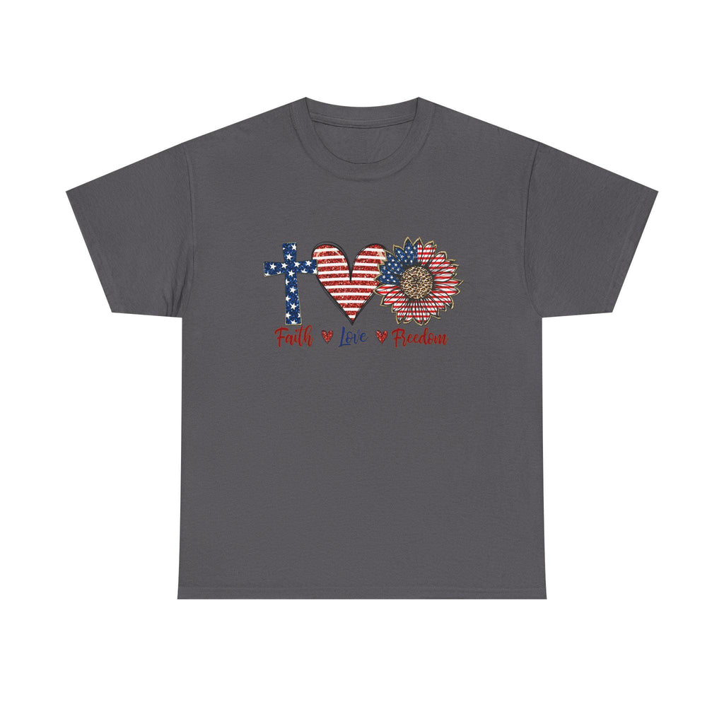 Faith Love Freedom T-Shirt | Patriotic Cross Heart Sunflower, American Flag Design
