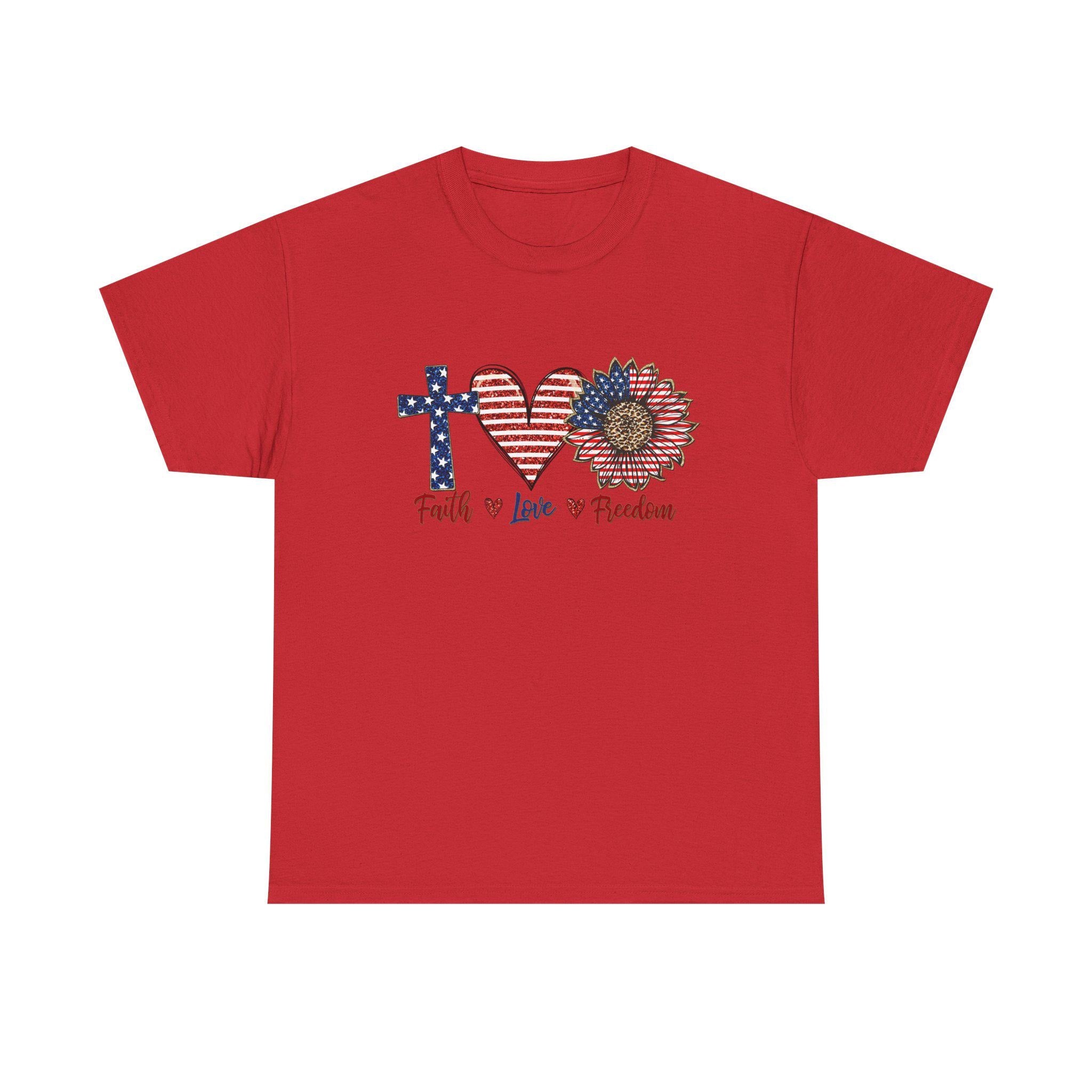 Faith Love Freedom T-Shirt | Patriotic Cross Heart Sunflower, American Flag Design