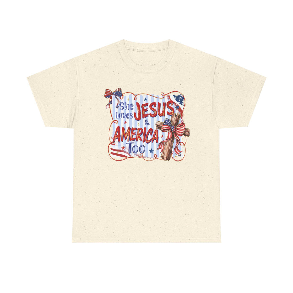 She Loves Jesus & America Too Tee | Patriotic Christian Flag Cross Design