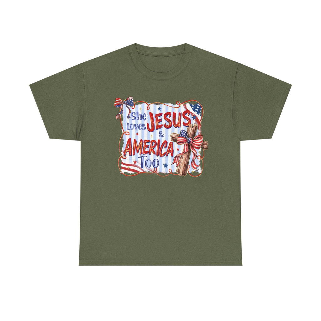 She Loves Jesus & America Too Tee | Patriotic Christian Flag Cross Design
