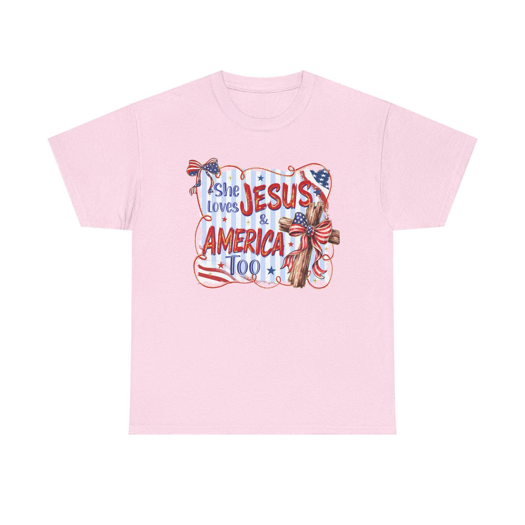 She Loves Jesus & America Too Tee | Patriotic Christian Flag Cross Design