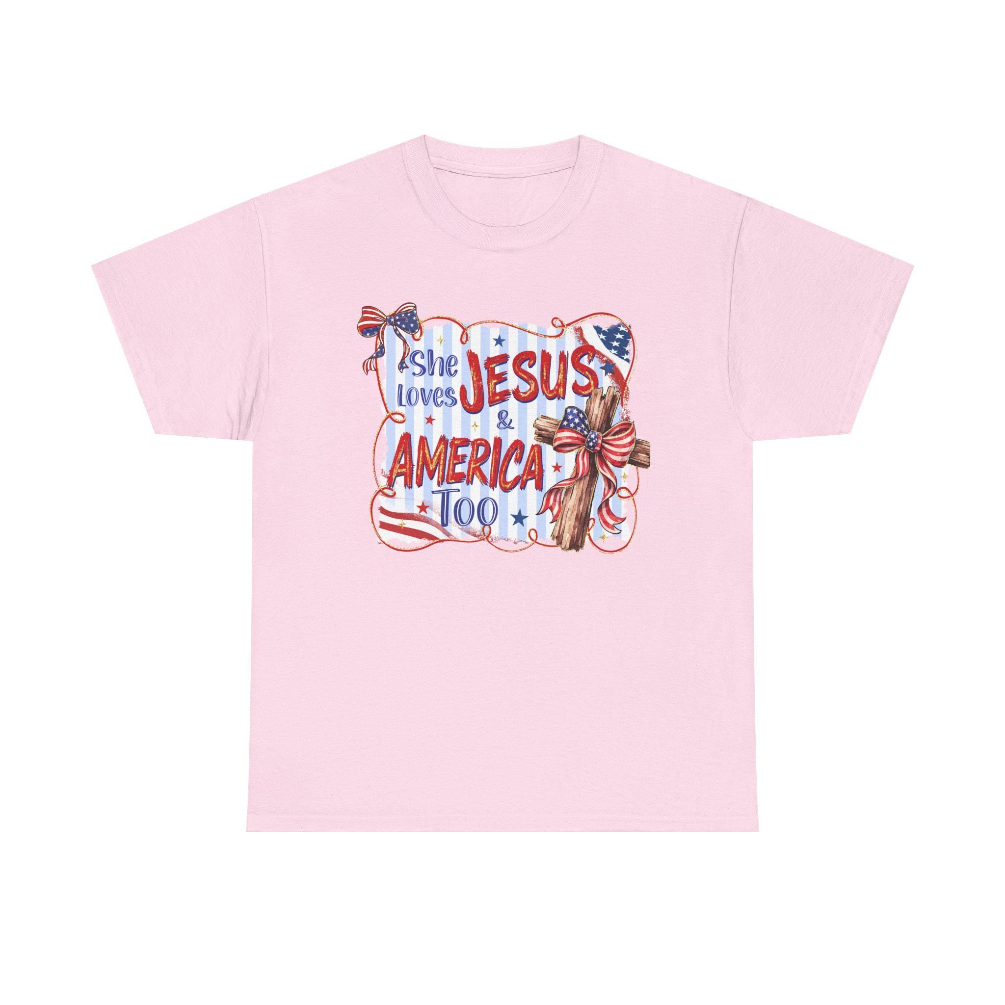 She Loves Jesus & America Too Tee | Patriotic Christian Flag Cross Design