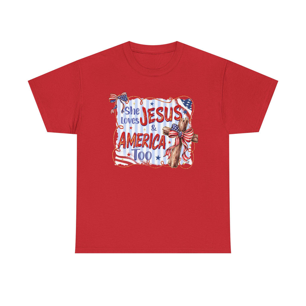 She Loves Jesus & America Too Tee | Patriotic Christian Flag Cross Design