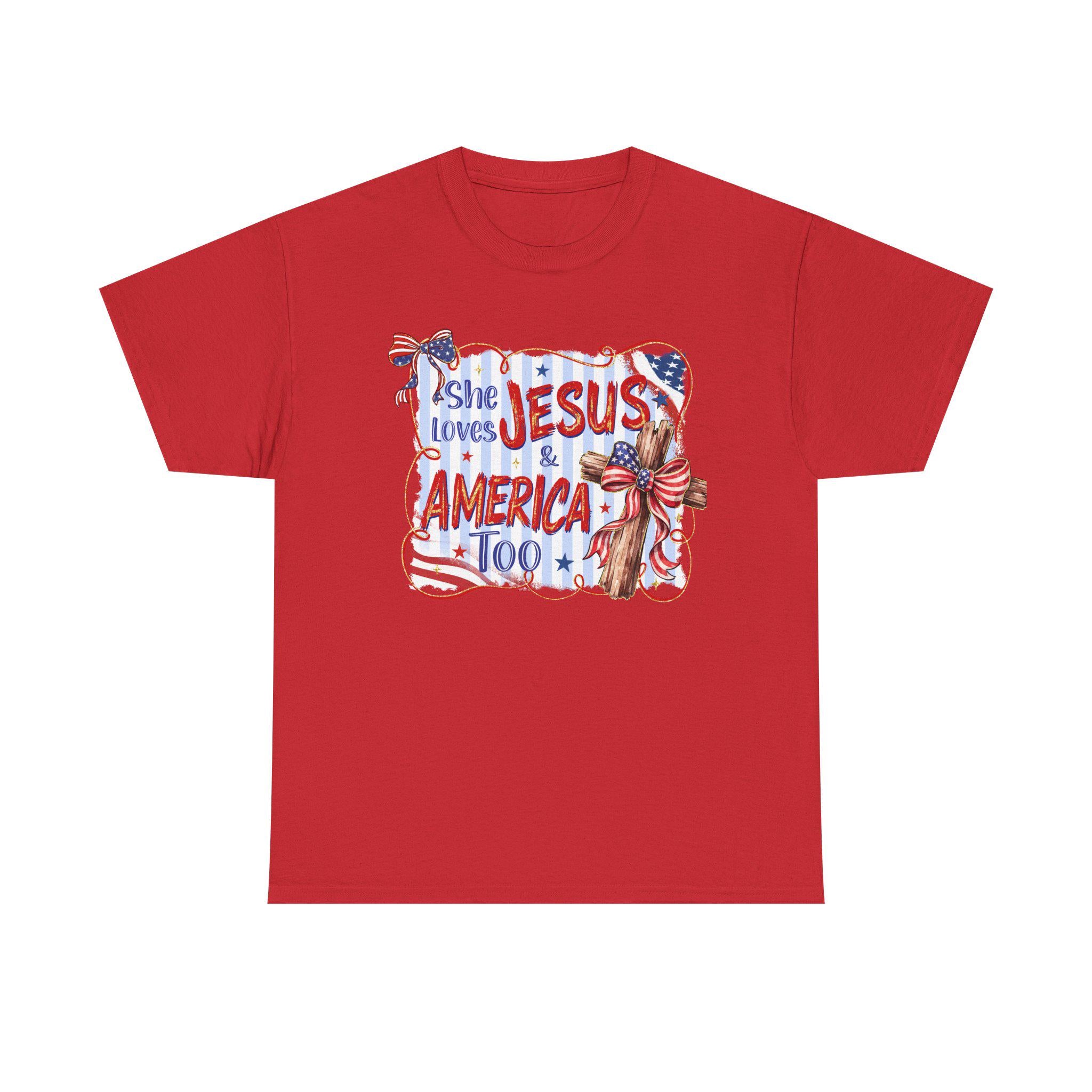 She Loves Jesus & America Too Tee | Patriotic Christian Flag Cross Design