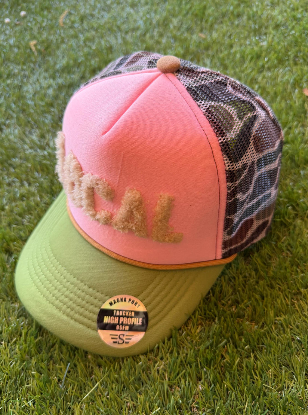 Camouflage trucker hat with fuzzy Local patch