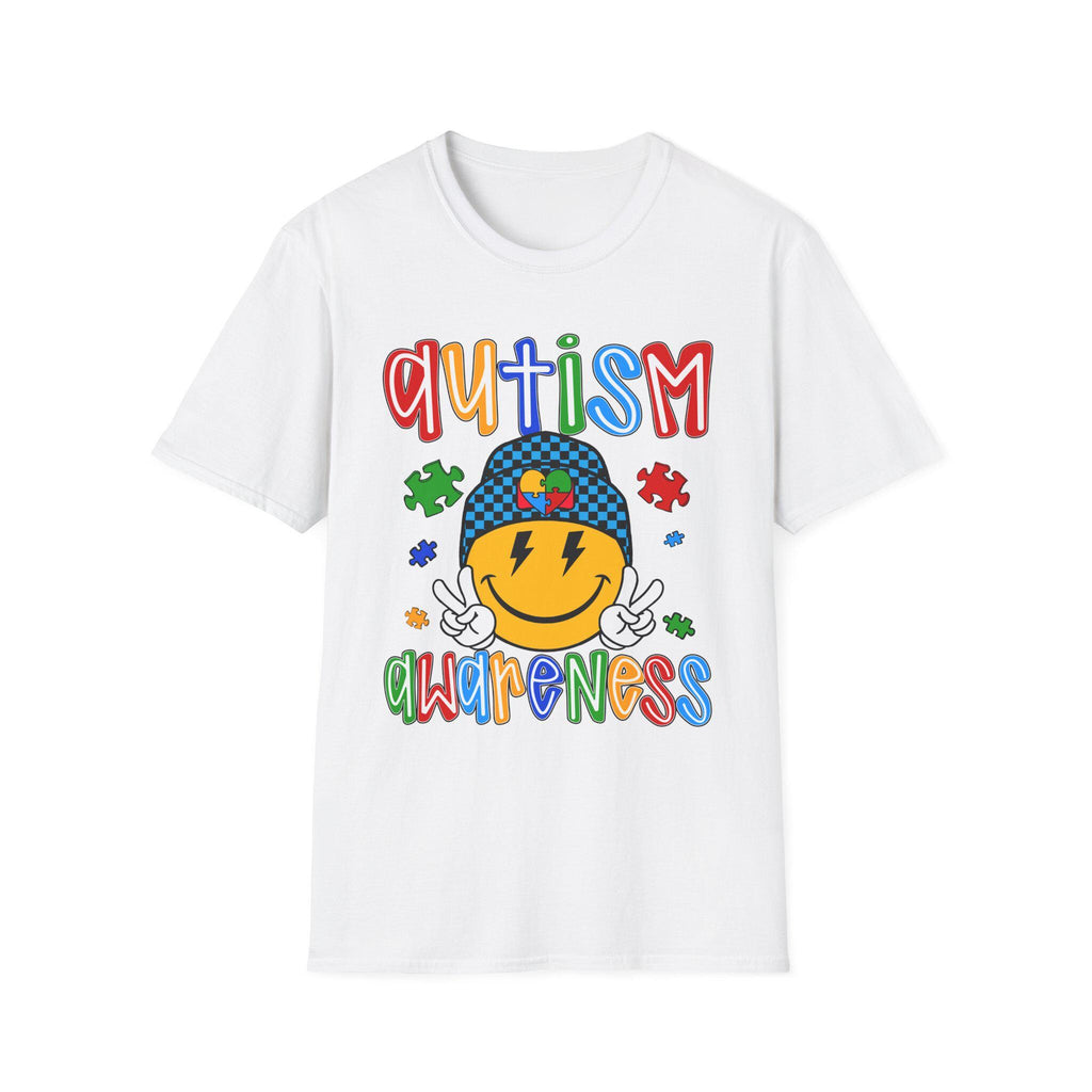 Autism Awareness Smiley Face T-Shirt | Puzzle Hat, Colorful Letters
