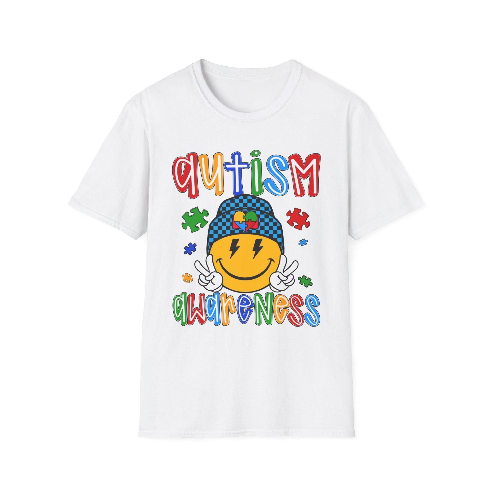 Autism Awareness Smiley Face T-Shirt | Puzzle Hat, Colorful Letters
