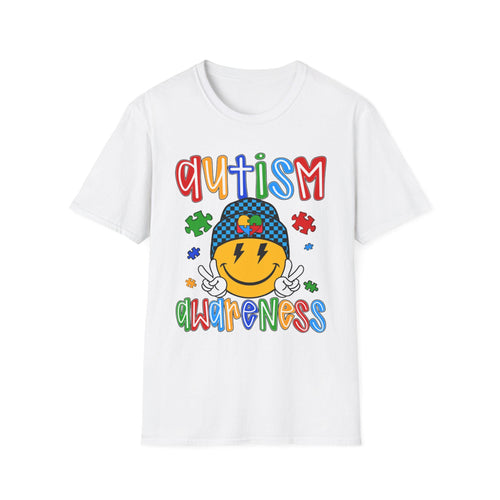Autism Awareness Smiley Face T-Shirt | Puzzle Hat, Colorful Letters