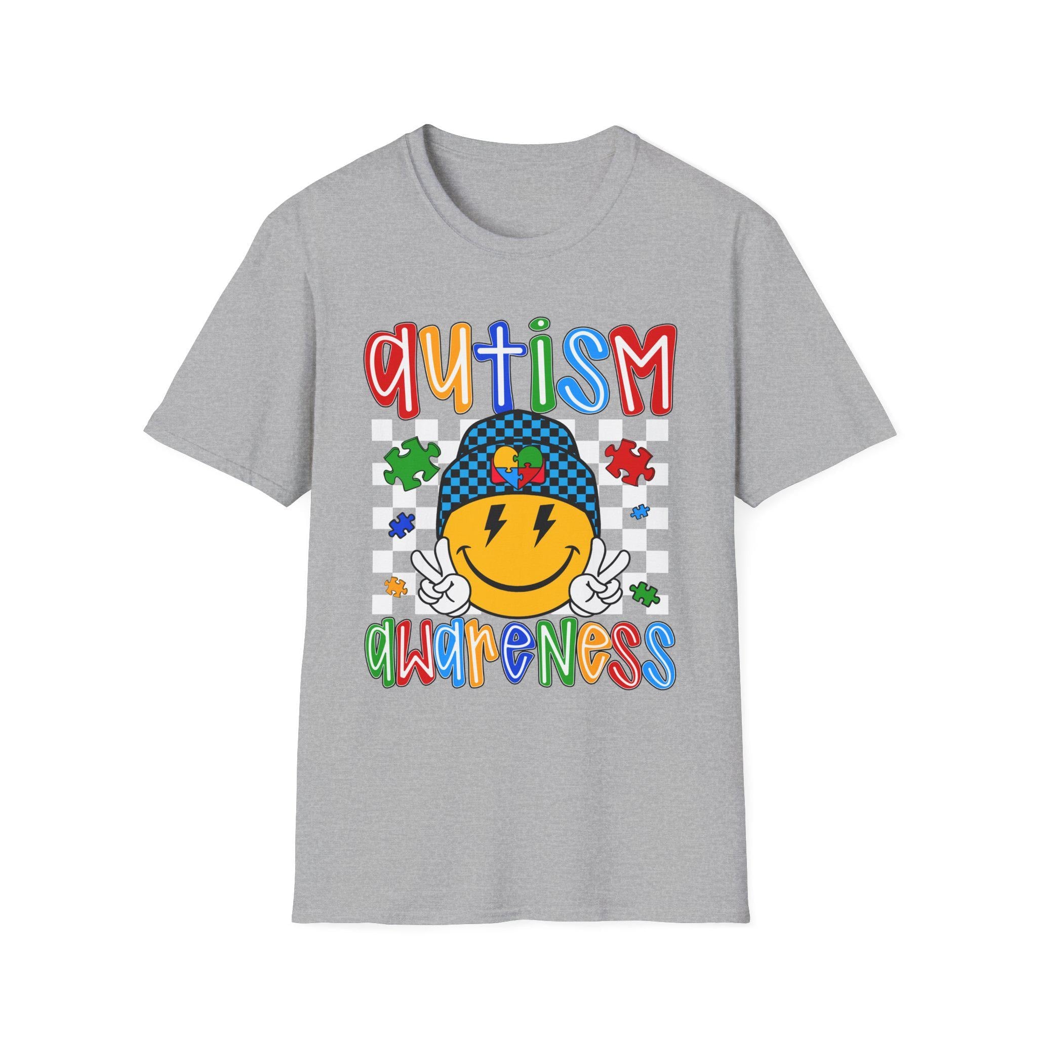 Autism Awareness Smiley Face T-Shirt | Puzzle Hat, Colorful Letters