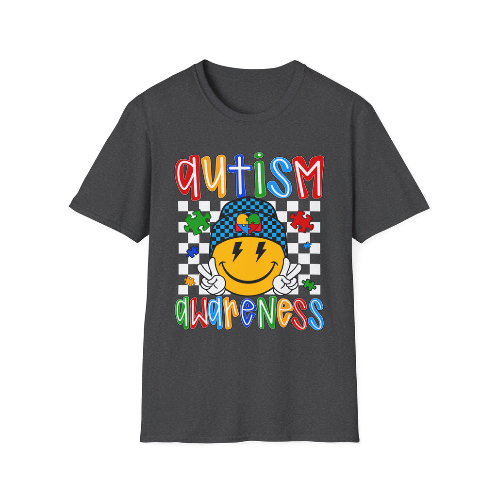 Autism Awareness Smiley Face T-Shirt | Puzzle Hat, Colorful Letters