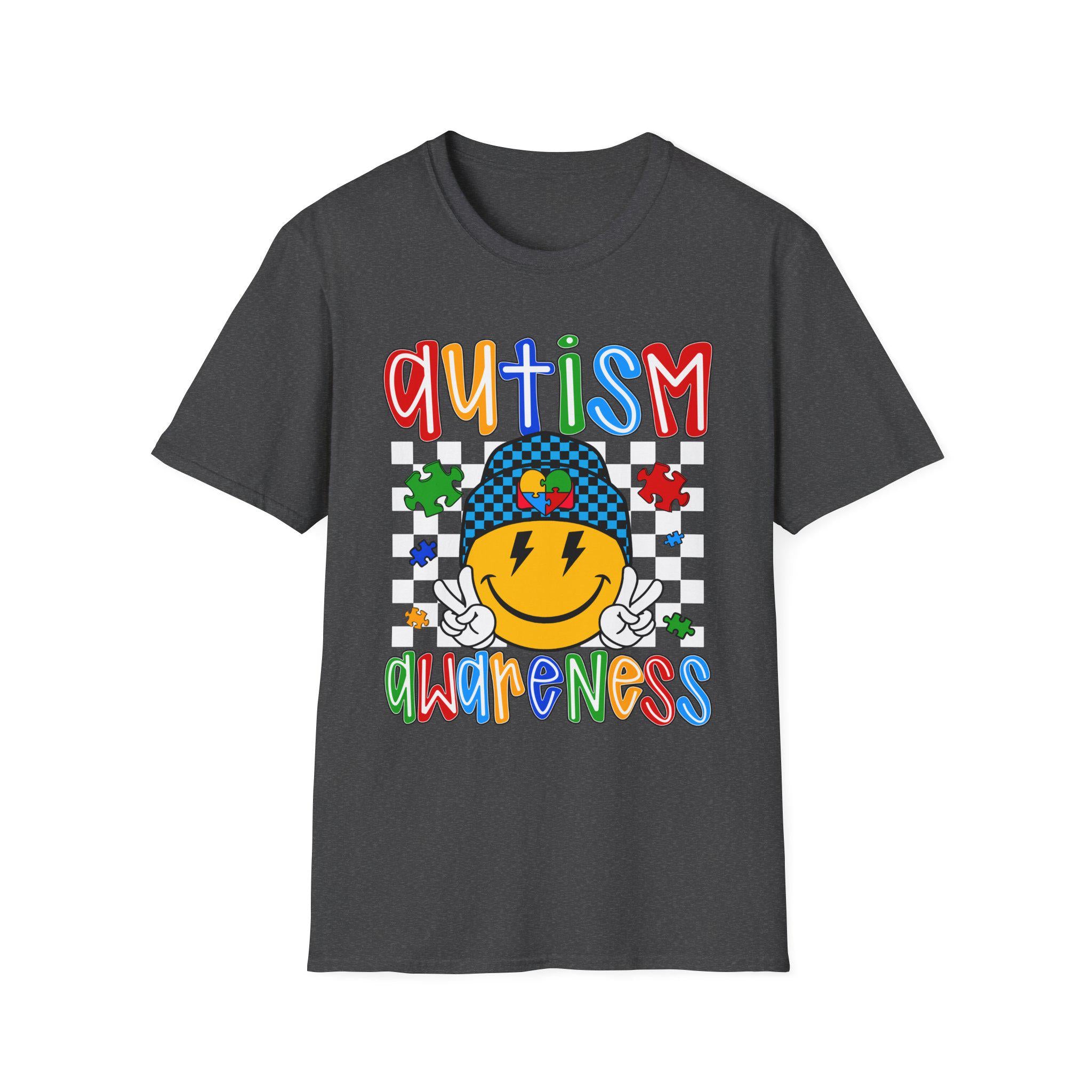 Autism Awareness Smiley Face T-Shirt | Puzzle Hat, Colorful Letters