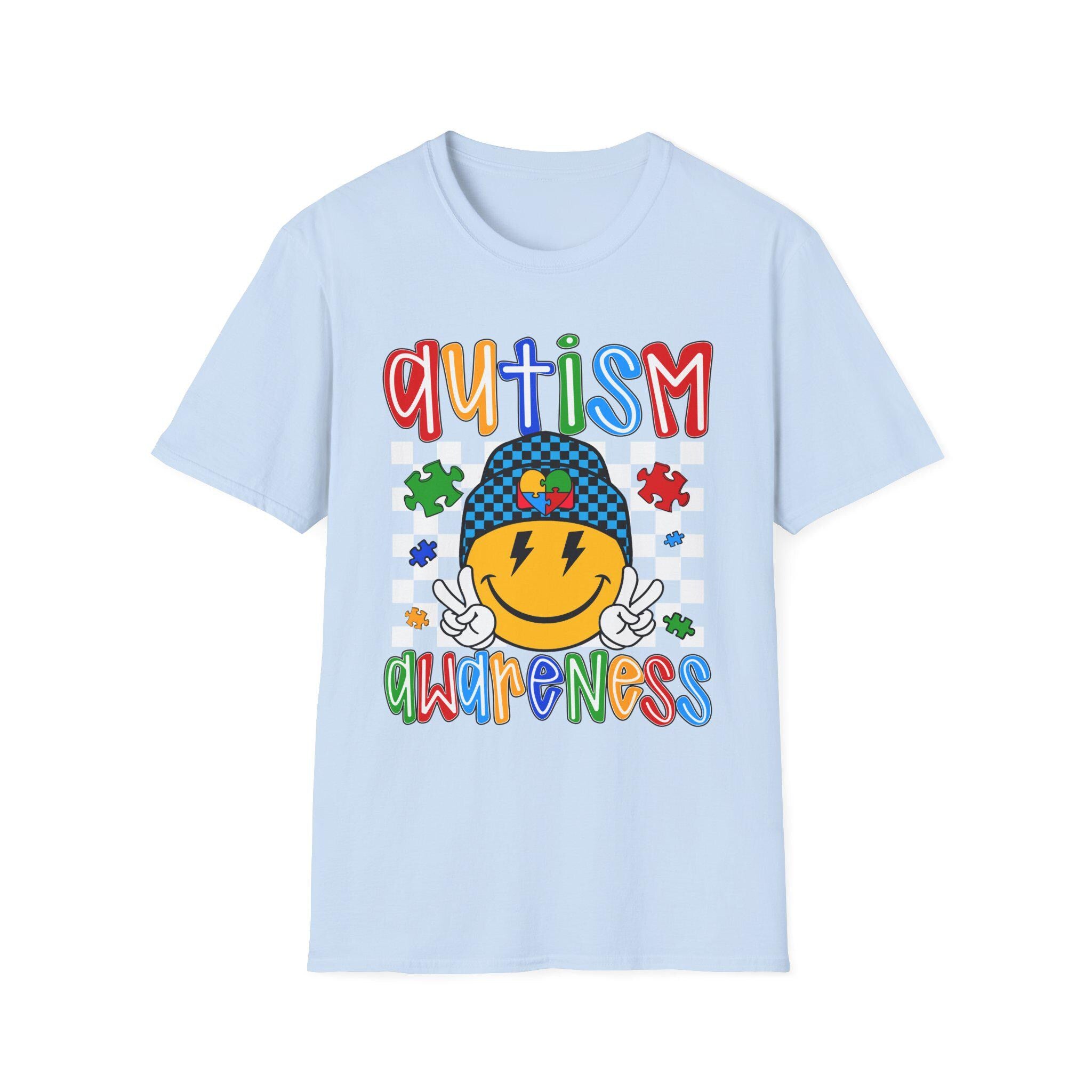 Autism Awareness Smiley Face T-Shirt | Puzzle Hat, Colorful Letters