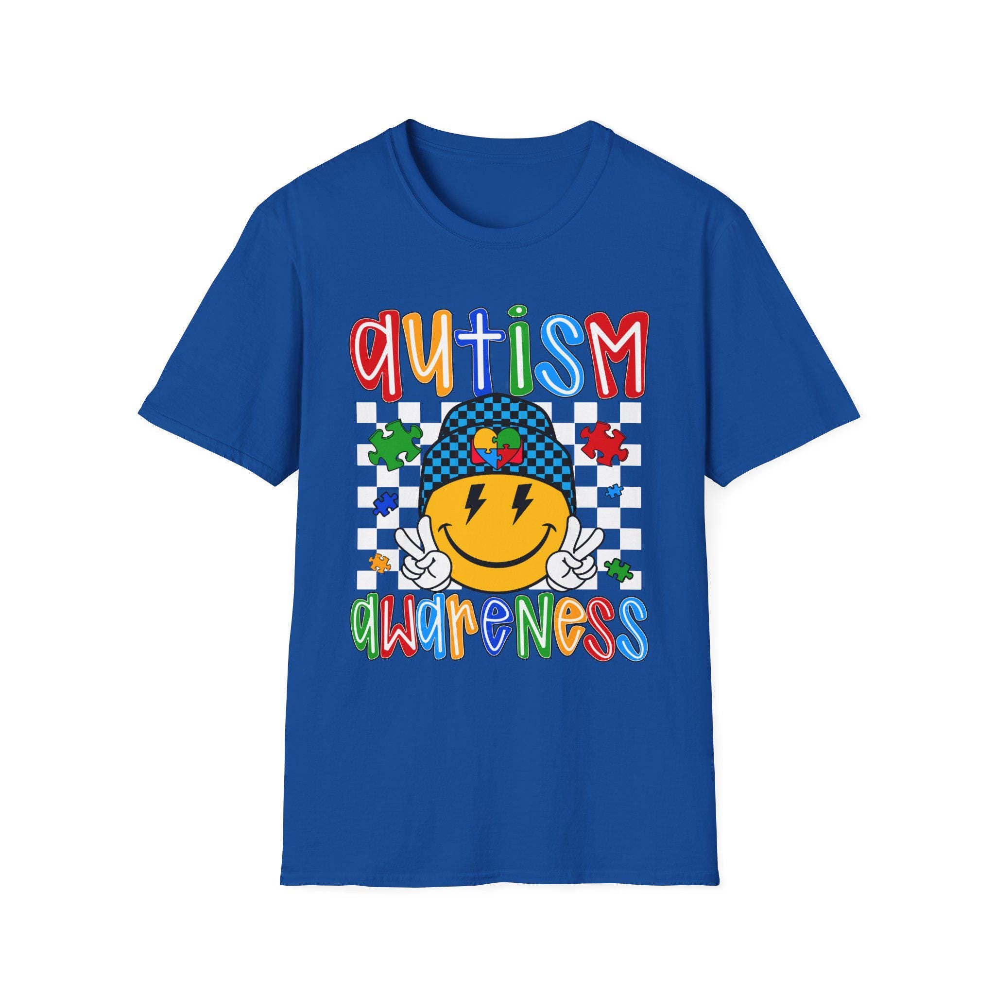 Autism Awareness Smiley Face T-Shirt | Puzzle Hat, Colorful Letters