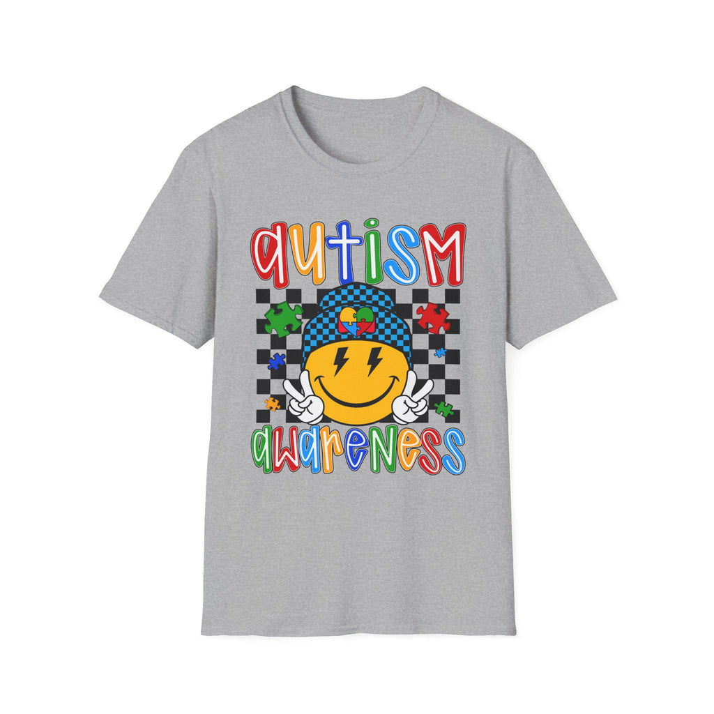 Autism Awareness Smiley Face T-Shirt | Puzzle Heart Checkerboard