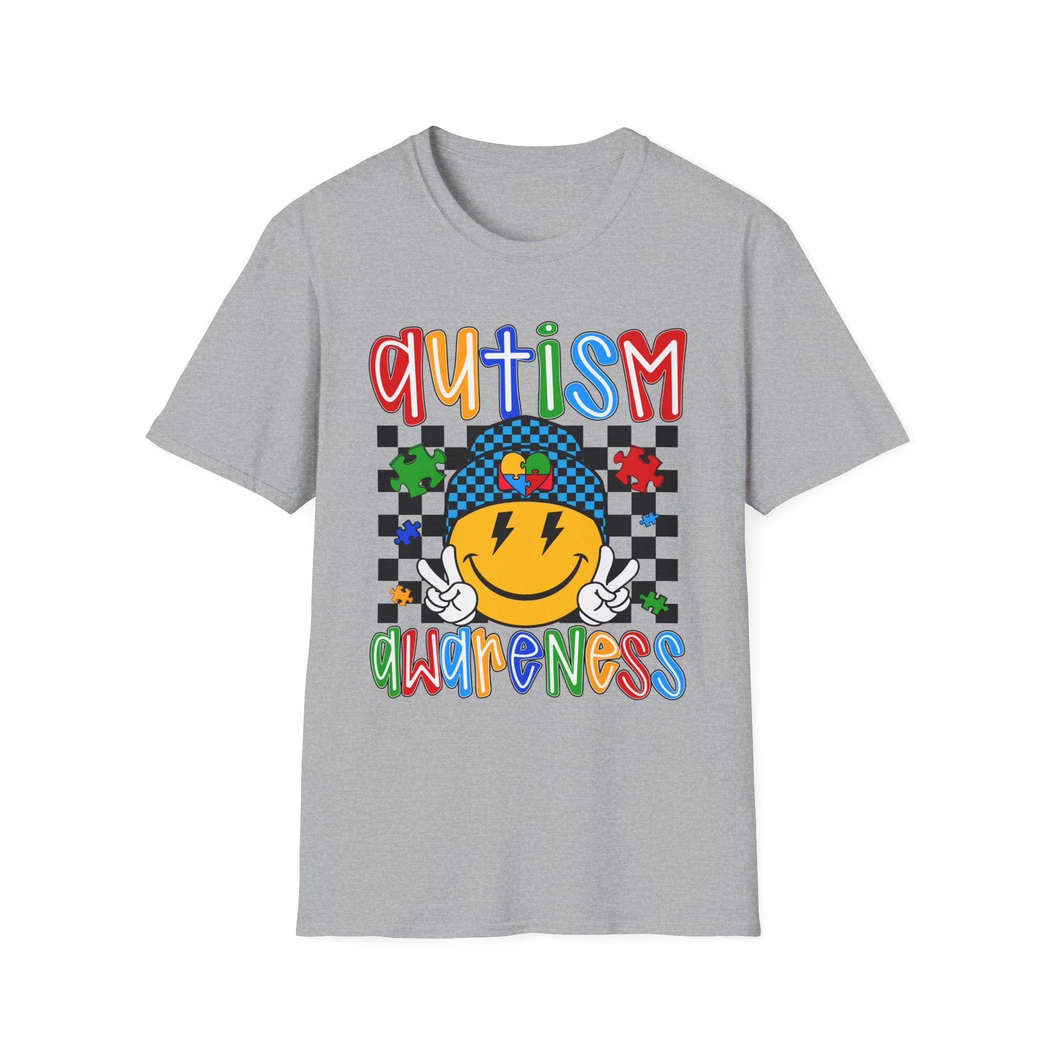 Autism Awareness Smiley Face T-Shirt | Puzzle Heart Checkerboard