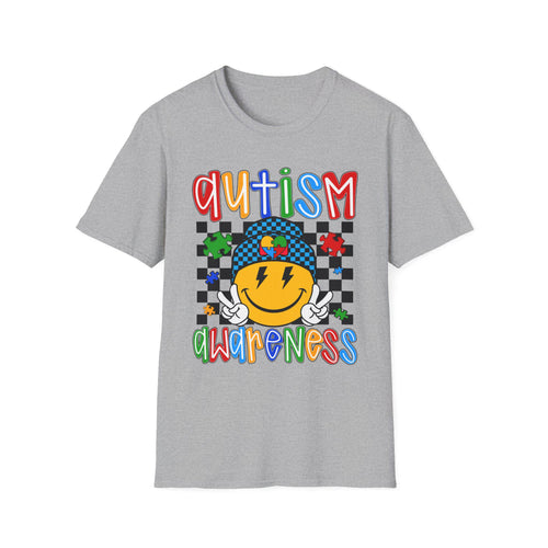 Autism Awareness Smiley Face T-Shirt | Puzzle Heart Checkerboard