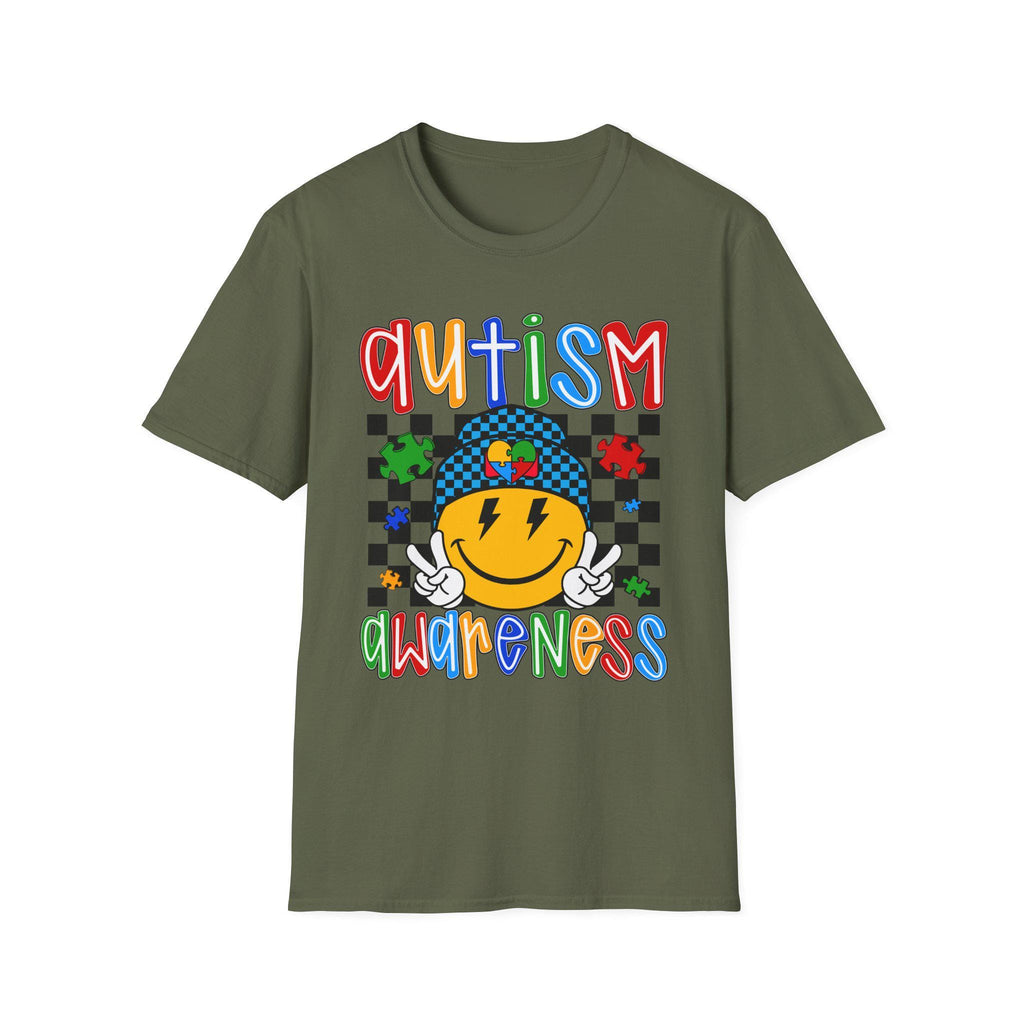 Autism Awareness Smiley Face T-Shirt | Puzzle Heart Checkerboard