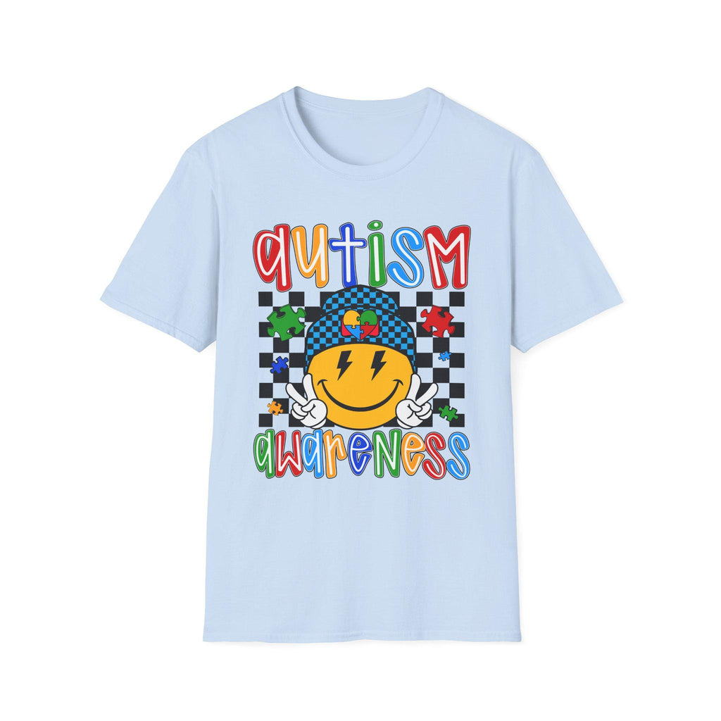 Autism Awareness Smiley Face T-Shirt | Puzzle Heart Checkerboard