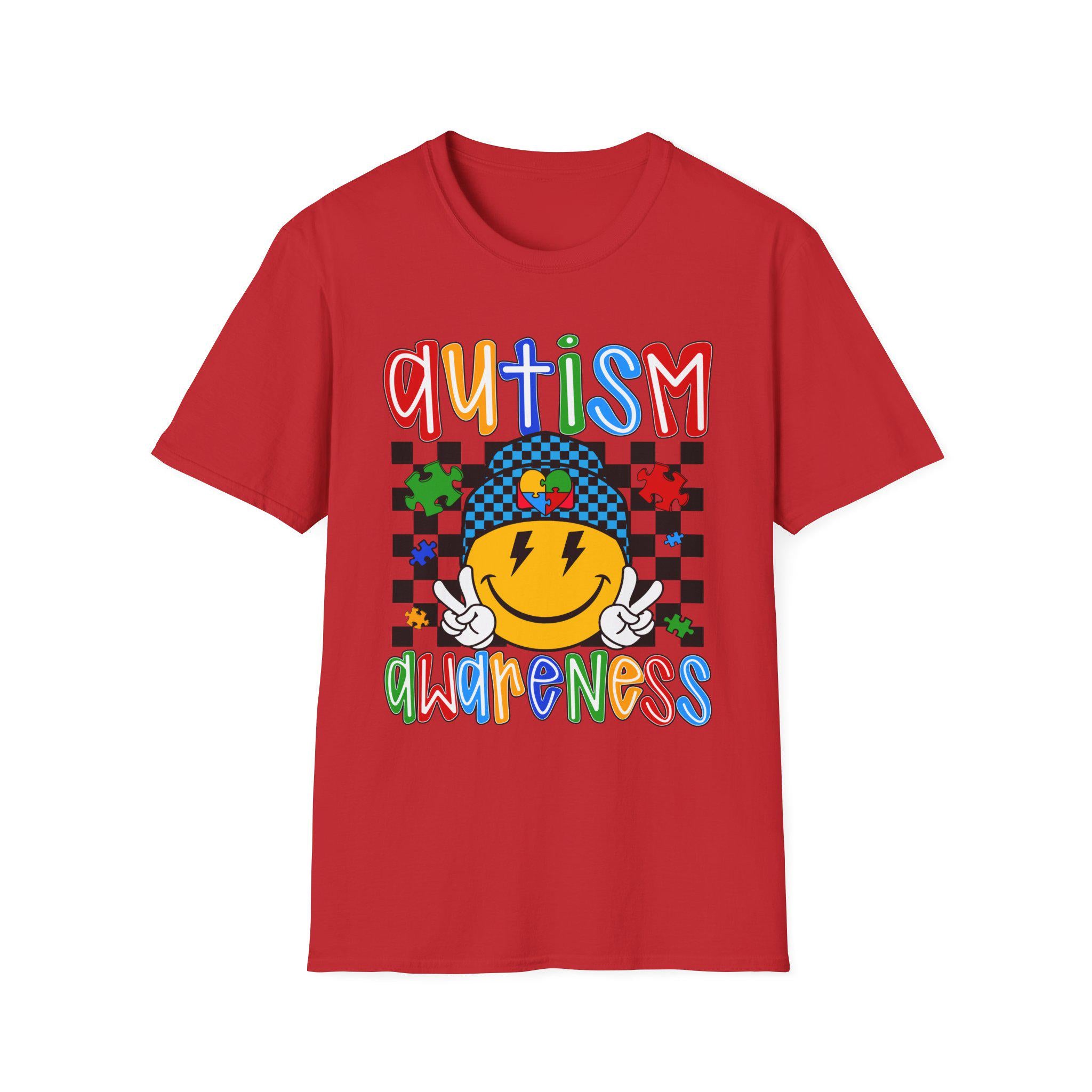 Autism Awareness Smiley Face T-Shirt | Puzzle Heart Checkerboard