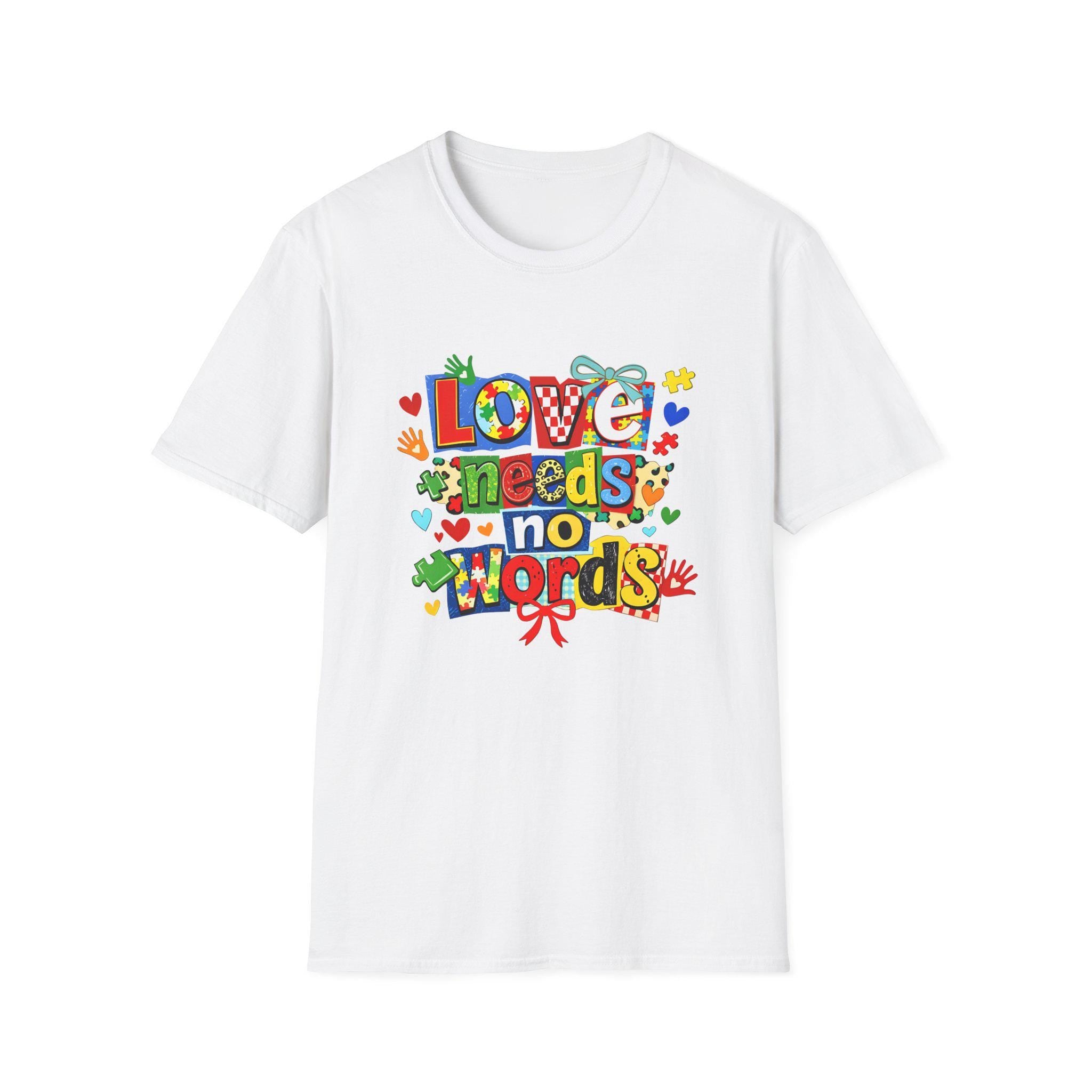 Love Needs No Words T-Shirt | Colorful Handprint Heart Illustration